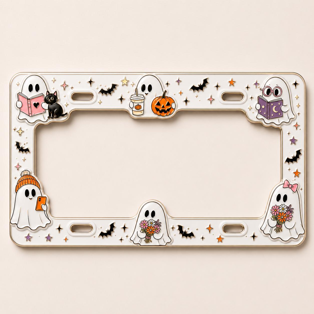 Cute Spooky Halloween License Plate Frame – Ghost, Black Cat and Pumpkin Skull Bat Car Tag Auto Decor Accessory Gift - photo 2