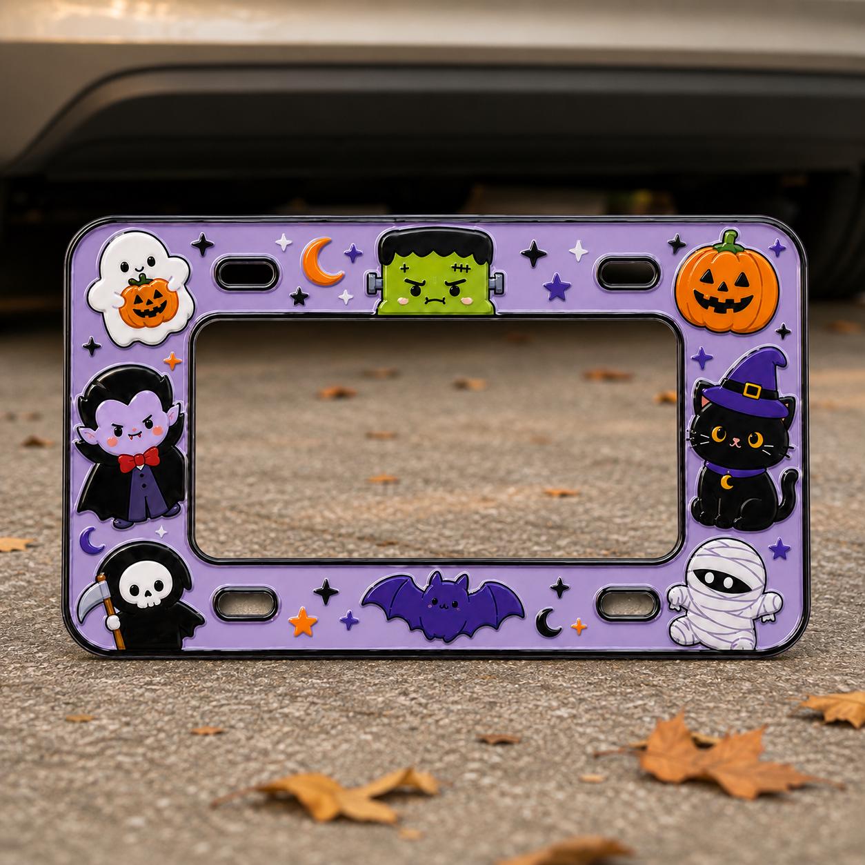 Cute Spooky Halloween License Plate Frame – Vampire, Black Cat and Pumpkin Bat Mummy Car Tag Auto Decor Accessory Gift