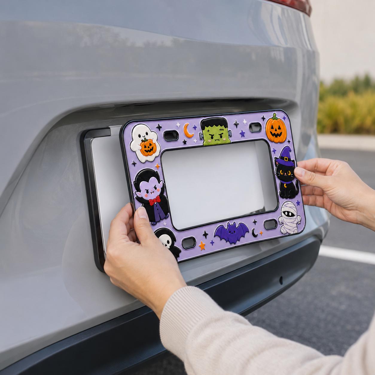 Cute Spooky Halloween License Plate Frame – Vampire, Black Cat and Pumpkin Bat Mummy Car Tag Auto Decor Accessory Gift - photo 2