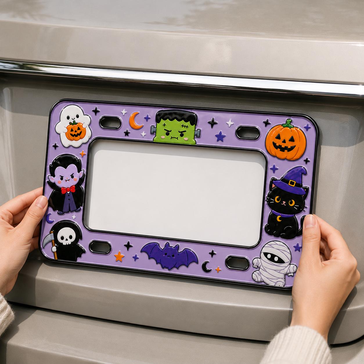 Cute Spooky Halloween License Plate Frame – Vampire, Black Cat and Pumpkin Bat Mummy Car Tag Auto Decor Accessory Gift - photo 3