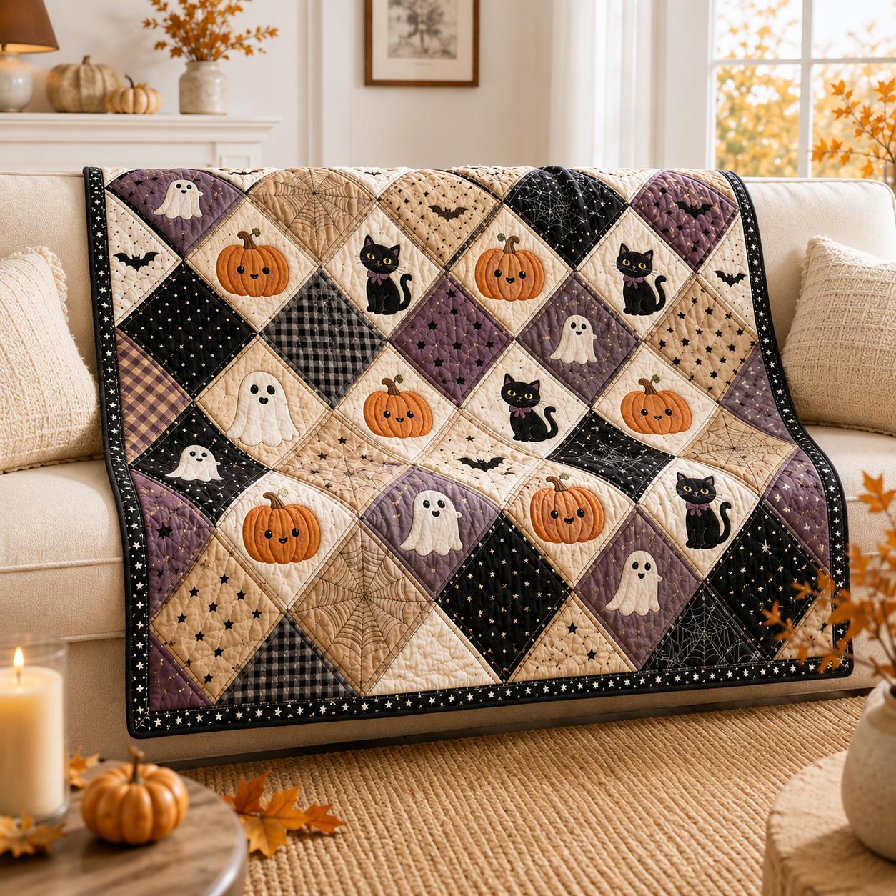 Cute Halloween Quilt Blanket – Ghost Pumpkin Black Cat Patchwork Throw for Vintage Floral Spooky Bedding and Cozy Autumn Farmhouse Decor Gift