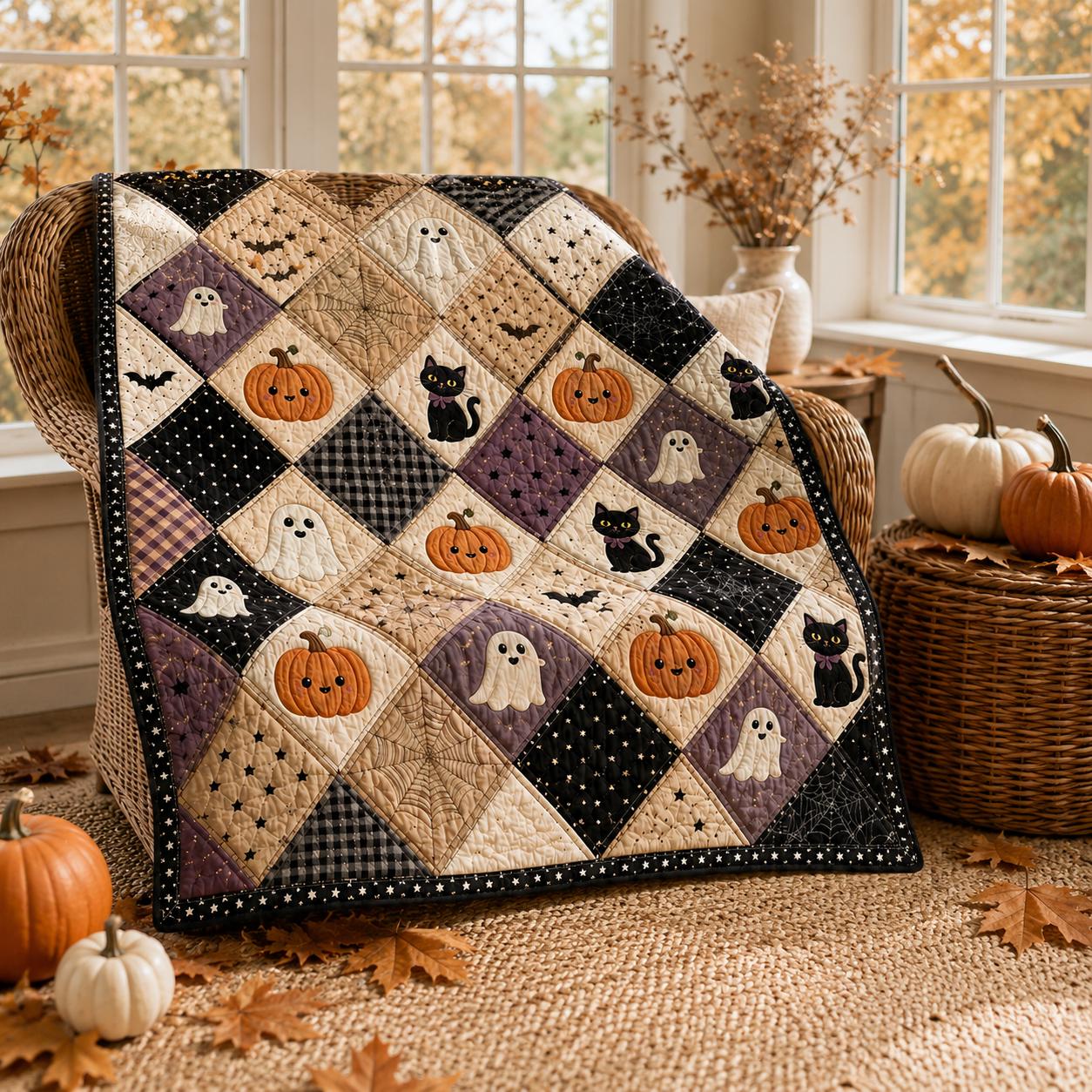Cute Halloween Quilt Blanket – Ghost Pumpkin Black Cat Patchwork Throw for Vintage Floral Spooky Bedding and Cozy Autumn Farmhouse Decor Gift - photo 2