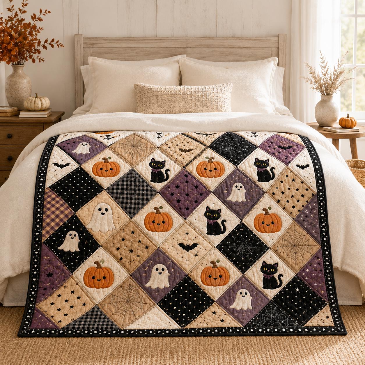 Cute Halloween Quilt Blanket – Ghost Pumpkin Black Cat Patchwork Throw for Vintage Floral Spooky Bedding and Cozy Autumn Farmhouse Decor Gift - photo 3