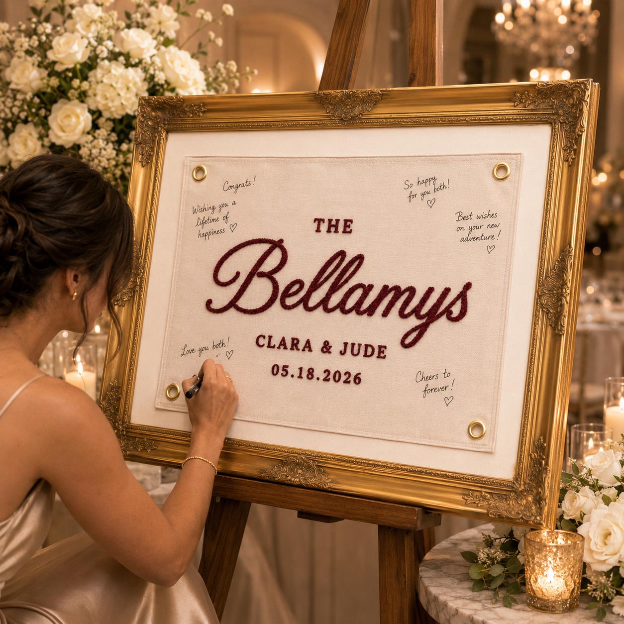 Custom Wedding Guest Book Alternative – Personalized Embroidered Family Name Banner and Wedding Reception Wall Decor Chain Stitch Pennant