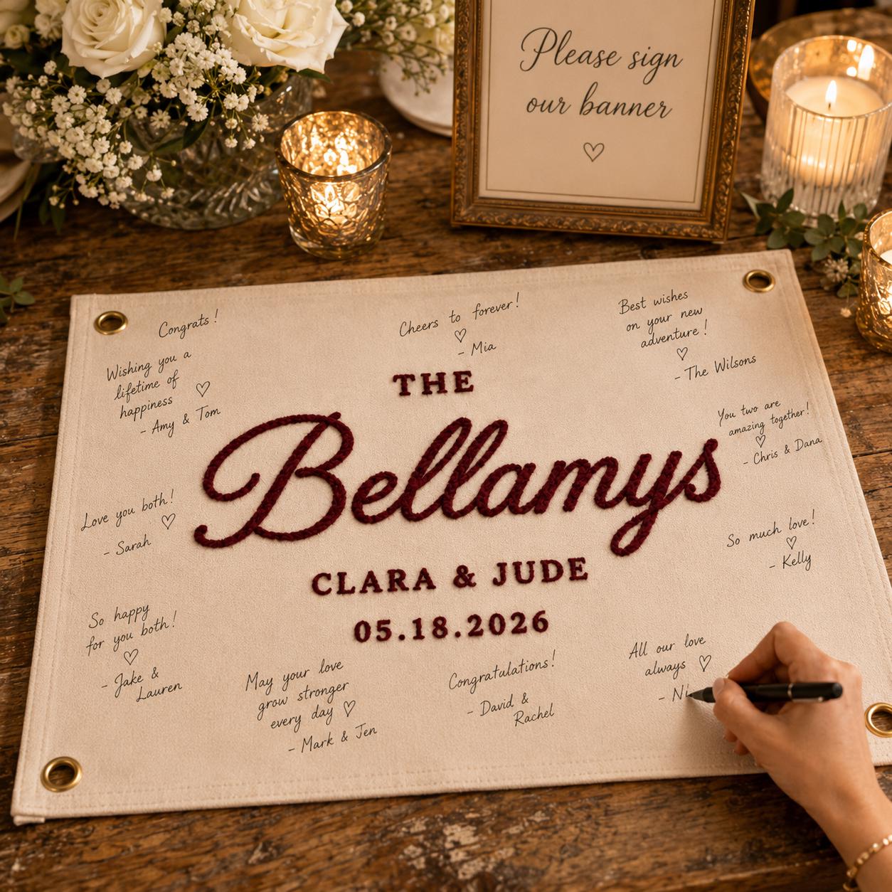 Custom Wedding Guest Book Alternative – Personalized Embroidered Family Name Banner and Wedding Reception Wall Decor Chain Stitch Pennant - photo 2