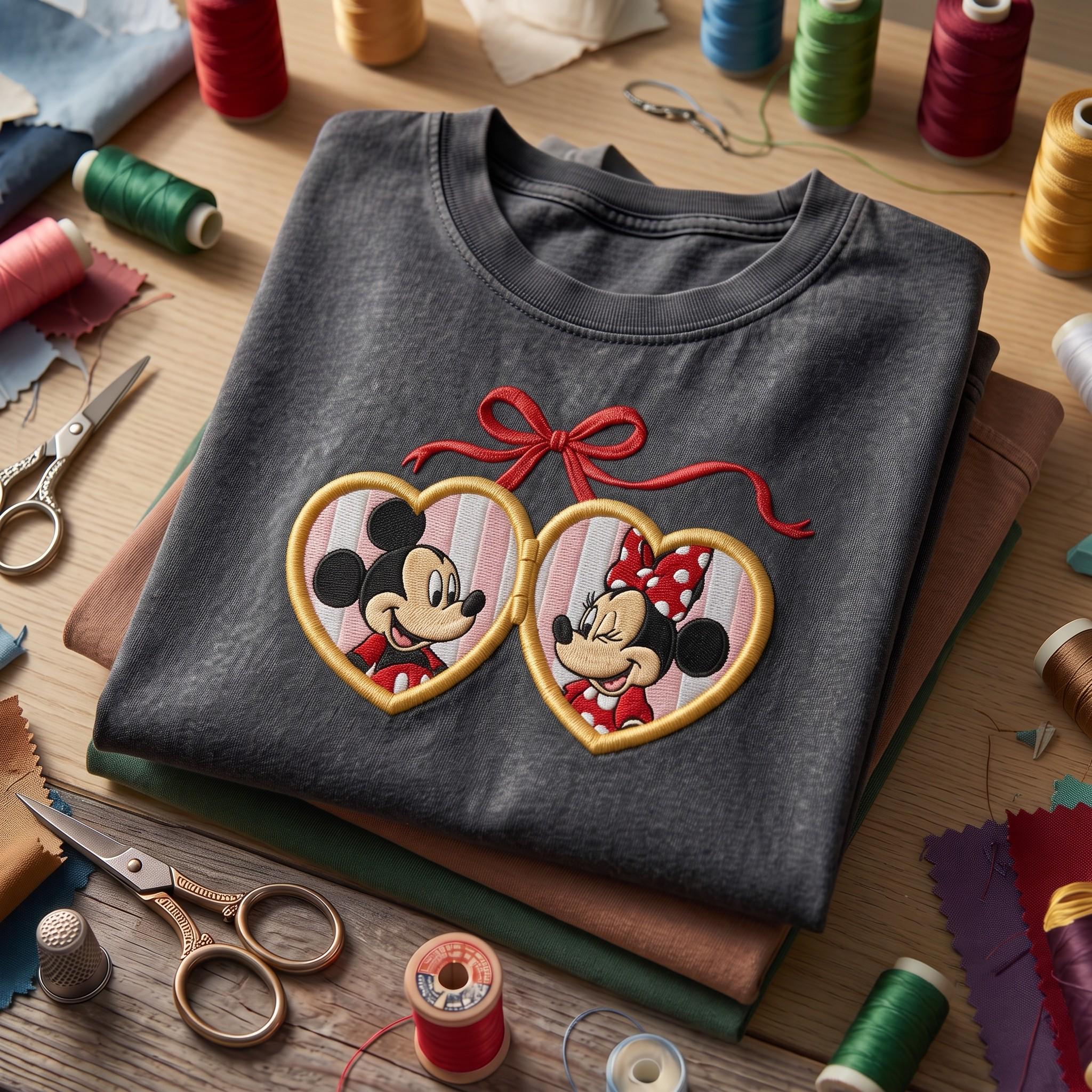 Embroidered Disney Mickey and Minnie Heart Locket Vintage Washed Tee for Couples, Disneyland Vacation and Retro Disney Park Outfit