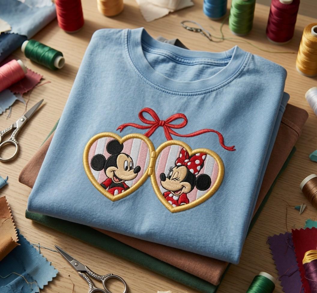 Embroidered Disney Mickey and Minnie Heart Locket Vintage Washed Tee for Couples, Disneyland Vacation and Retro Disney Park Outfit - photo 2