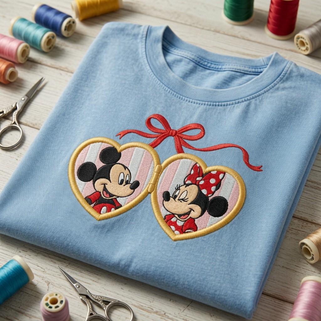 Embroidered Disney Mickey and Minnie Heart Locket Vintage Washed Tee for Couples, Disneyland Vacation and Retro Disney Park Outfit - photo 3
