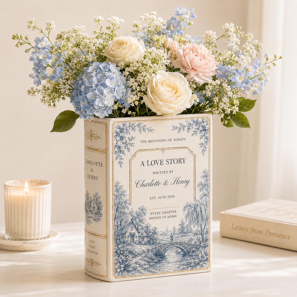 Custom Toile De Jouy Ceramic Book Vase – Personalized Engagement Gift and Wedding Decor Bridal Shower Gift for Newlyweds