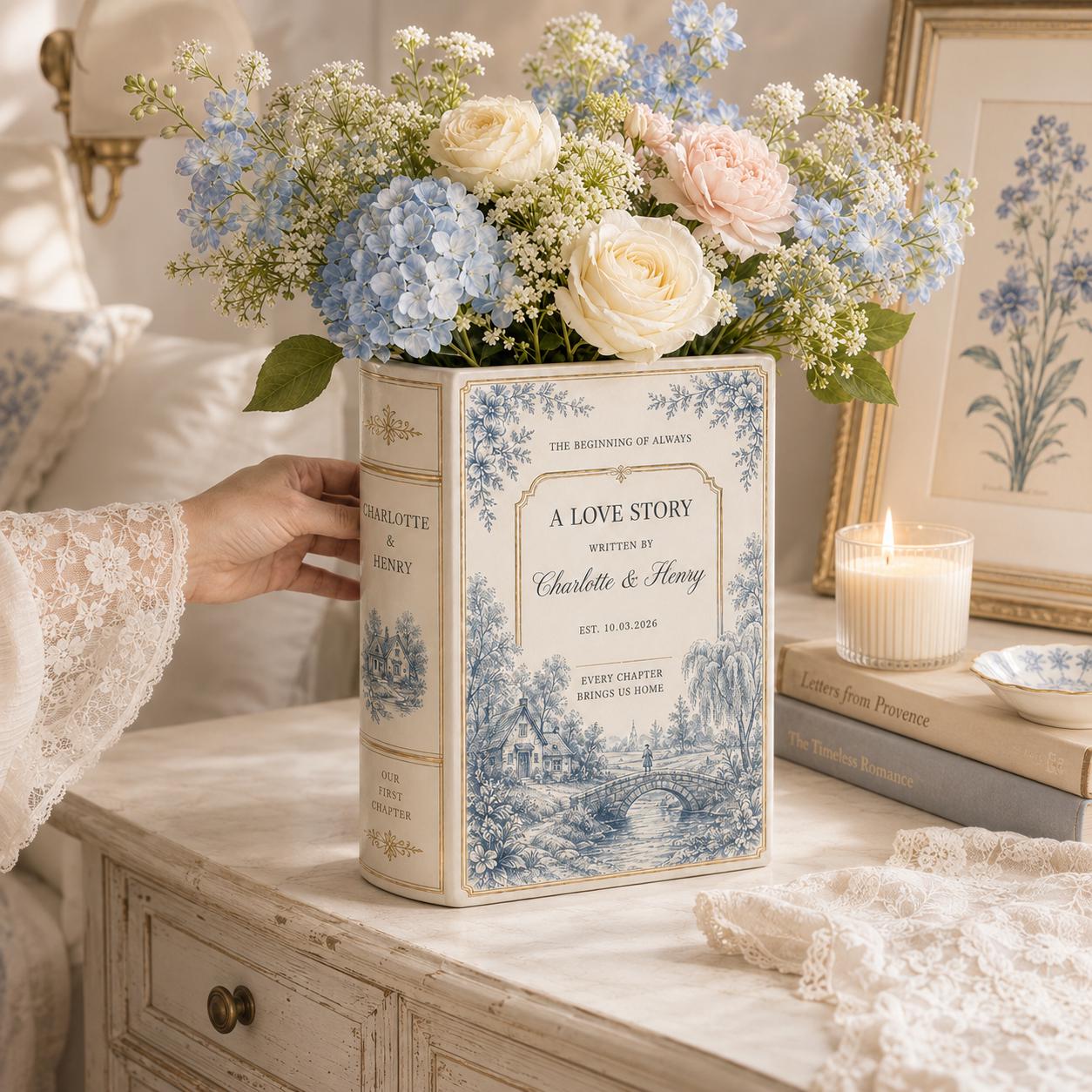 Custom Toile De Jouy Ceramic Book Vase – Personalized Engagement Gift and Wedding Decor Bridal Shower Gift for Newlyweds - photo 2