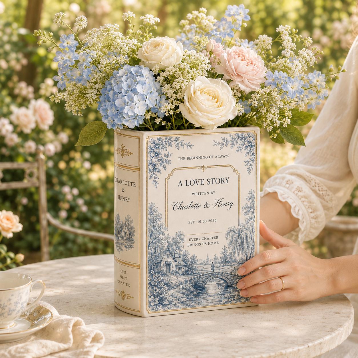 Custom Toile De Jouy Ceramic Book Vase – Personalized Engagement Gift and Wedding Decor Bridal Shower Gift for Newlyweds - photo 3