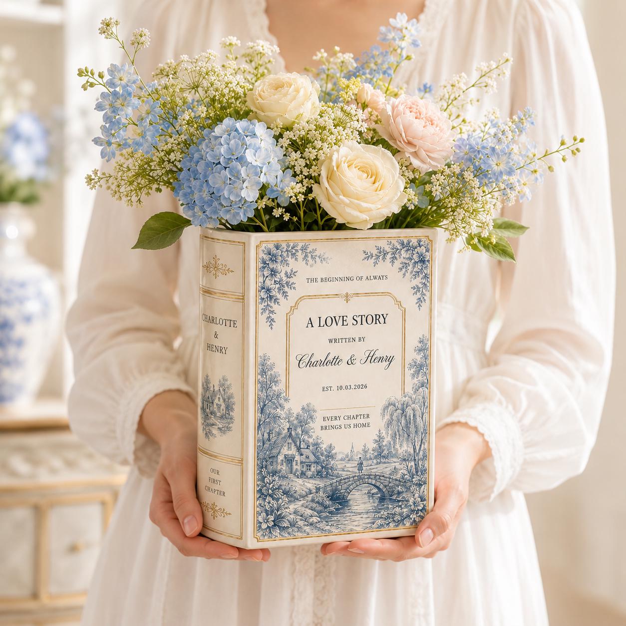 Custom Toile De Jouy Ceramic Book Vase – Personalized Engagement Gift and Wedding Decor Bridal Shower Gift for Newlyweds - photo 6