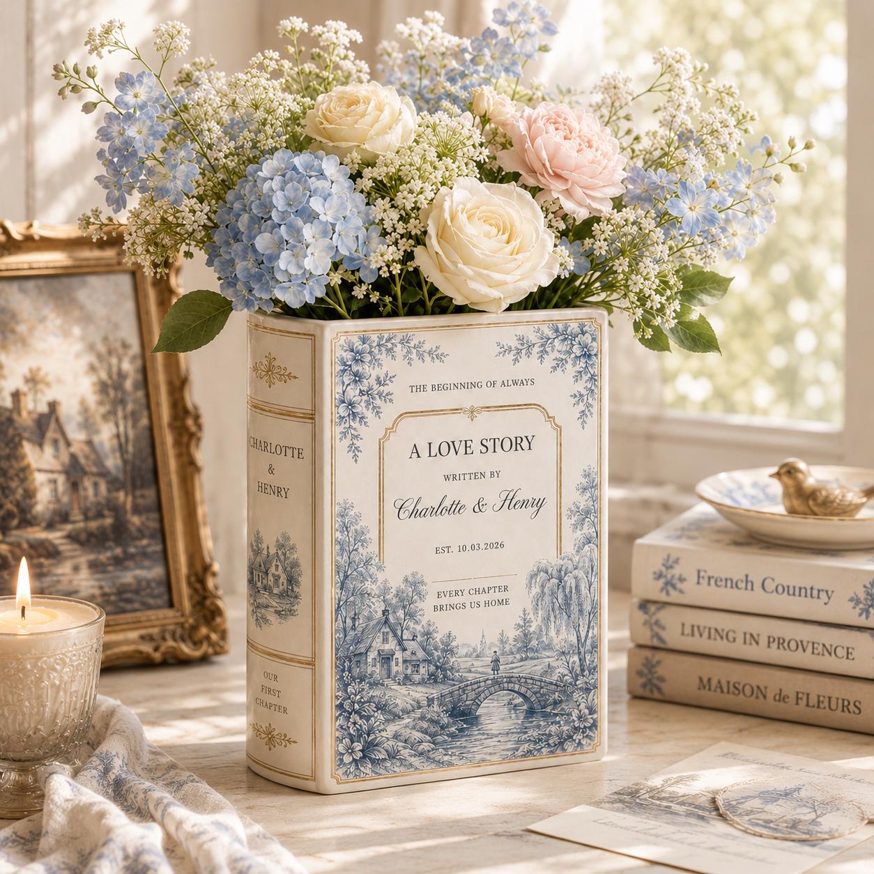 Custom Toile De Jouy Ceramic Book Vase – Personalized Engagement Gift and Wedding Decor Bridal Shower Gift for Newlyweds - photo 7