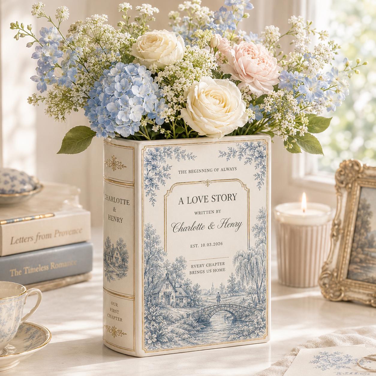 Custom Toile De Jouy Ceramic Book Vase – Personalized Engagement Gift and Wedding Decor Bridal Shower Gift for Newlyweds - photo 8