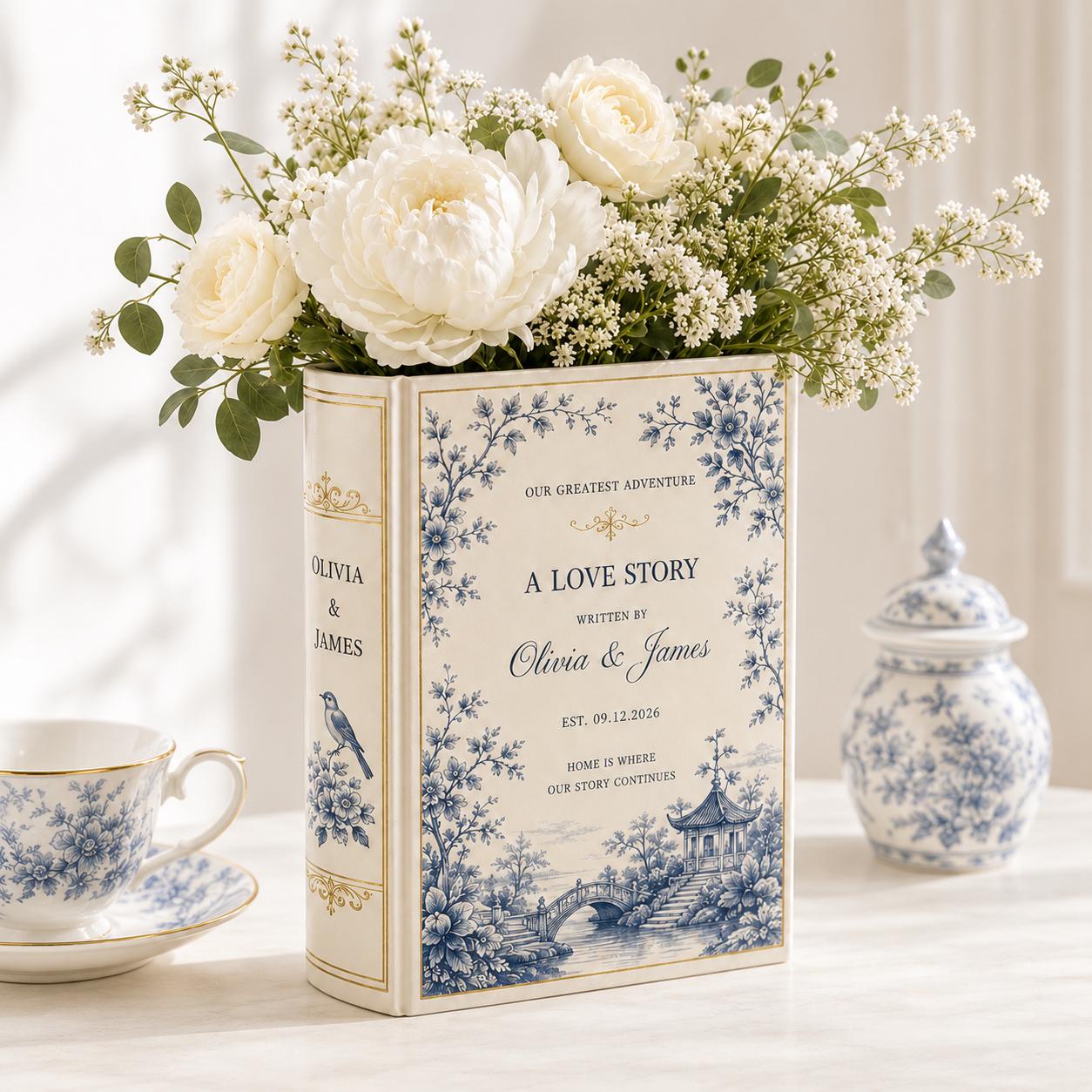 Custom Toile De Jouy Ceramic Book Vase – Personalized Bridesmaid Gift and Elegant Wedding Flower Vase Romantic Book Decor