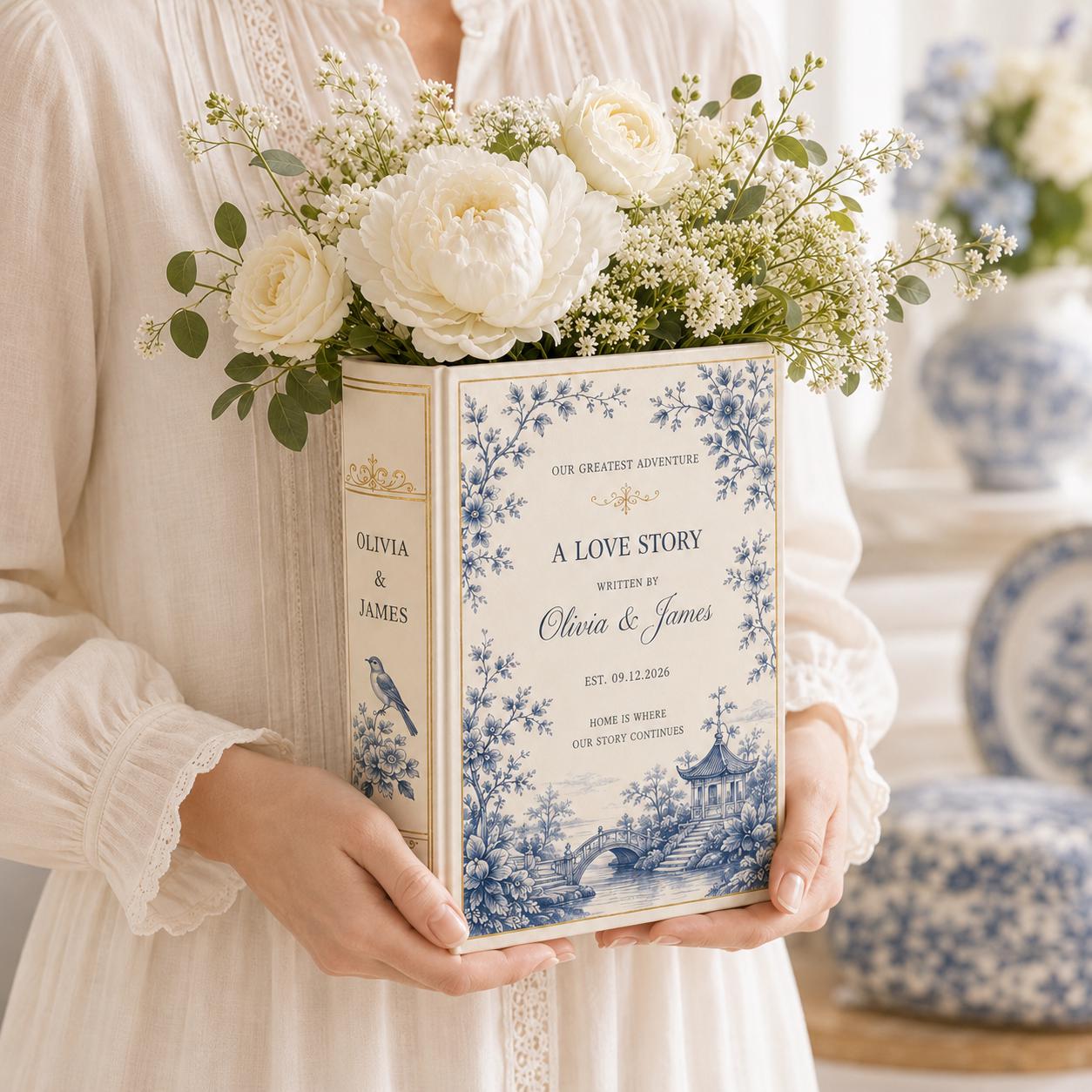 Custom Toile De Jouy Ceramic Book Vase – Personalized Bridesmaid Gift and Elegant Wedding Flower Vase Romantic Book Decor - photo 2