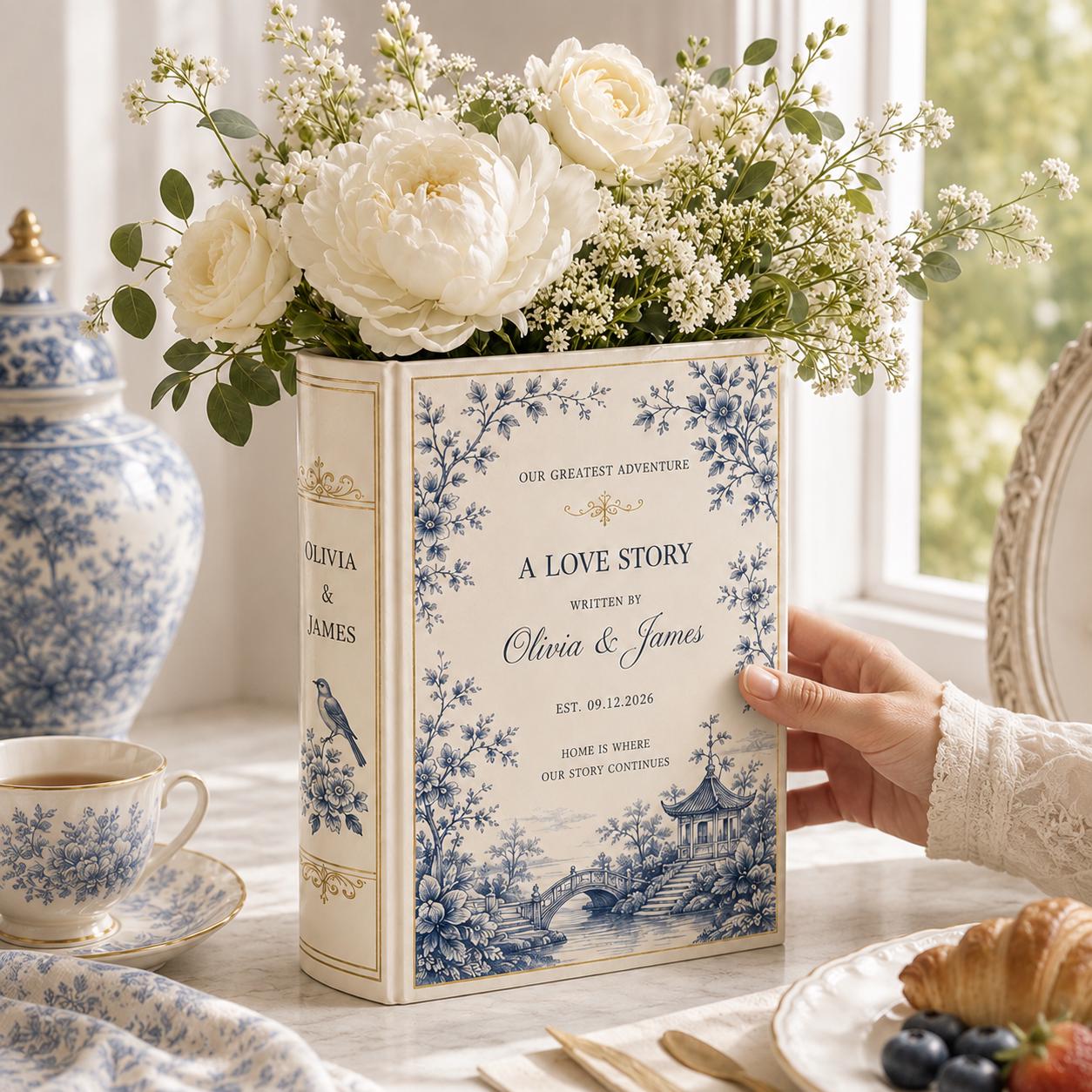 Custom Toile De Jouy Ceramic Book Vase – Personalized Bridesmaid Gift and Elegant Wedding Flower Vase Romantic Book Decor - photo 3