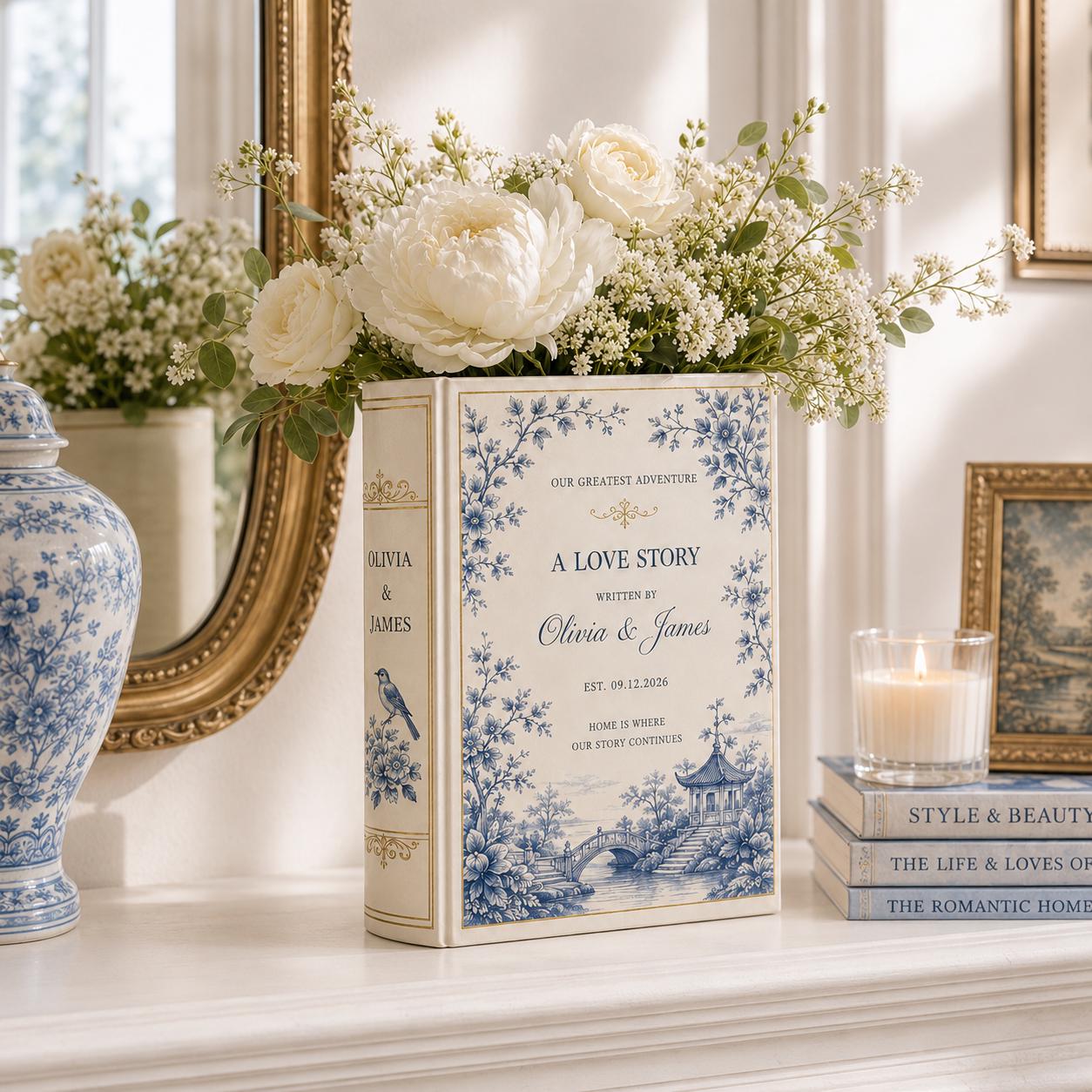 Custom Toile De Jouy Ceramic Book Vase – Personalized Bridesmaid Gift and Elegant Wedding Flower Vase Romantic Book Decor - photo 6