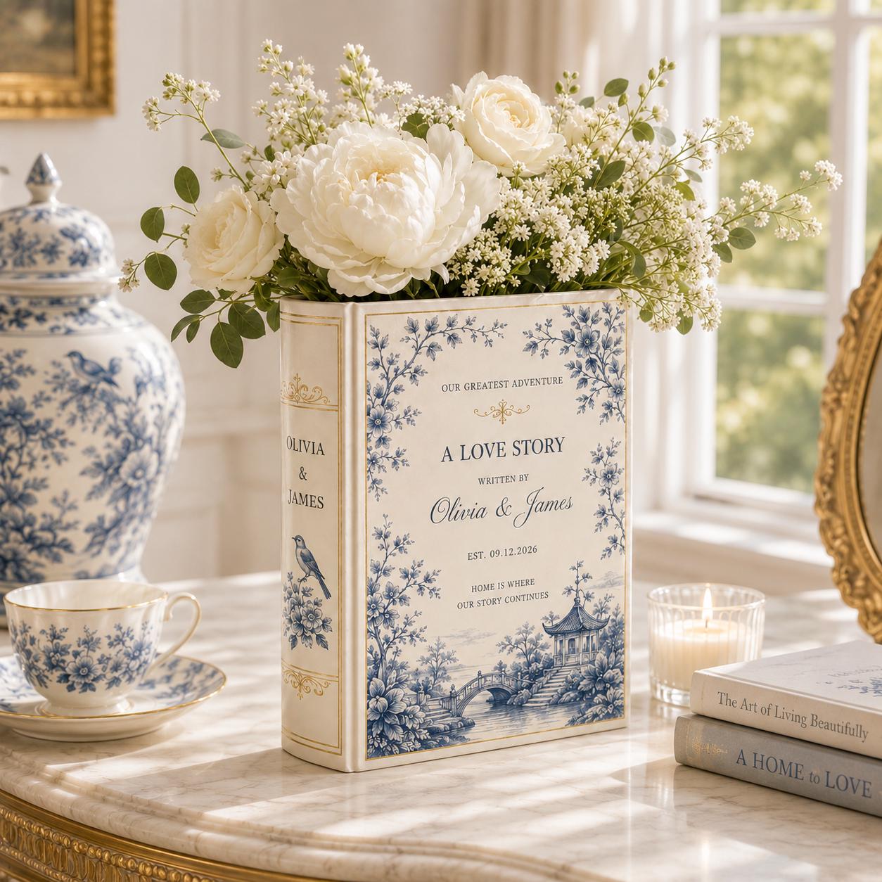 Custom Toile De Jouy Ceramic Book Vase – Personalized Bridesmaid Gift and Elegant Wedding Flower Vase Romantic Book Decor - photo 7