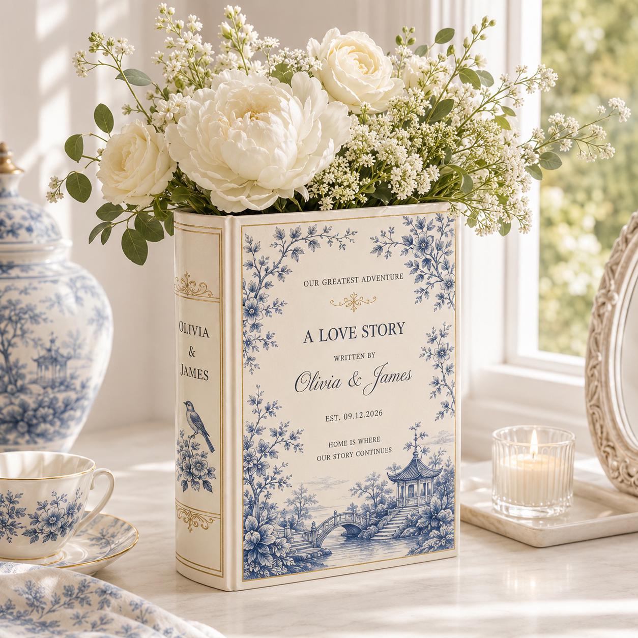 Custom Toile De Jouy Ceramic Book Vase – Personalized Bridesmaid Gift and Elegant Wedding Flower Vase Romantic Book Decor - photo 8