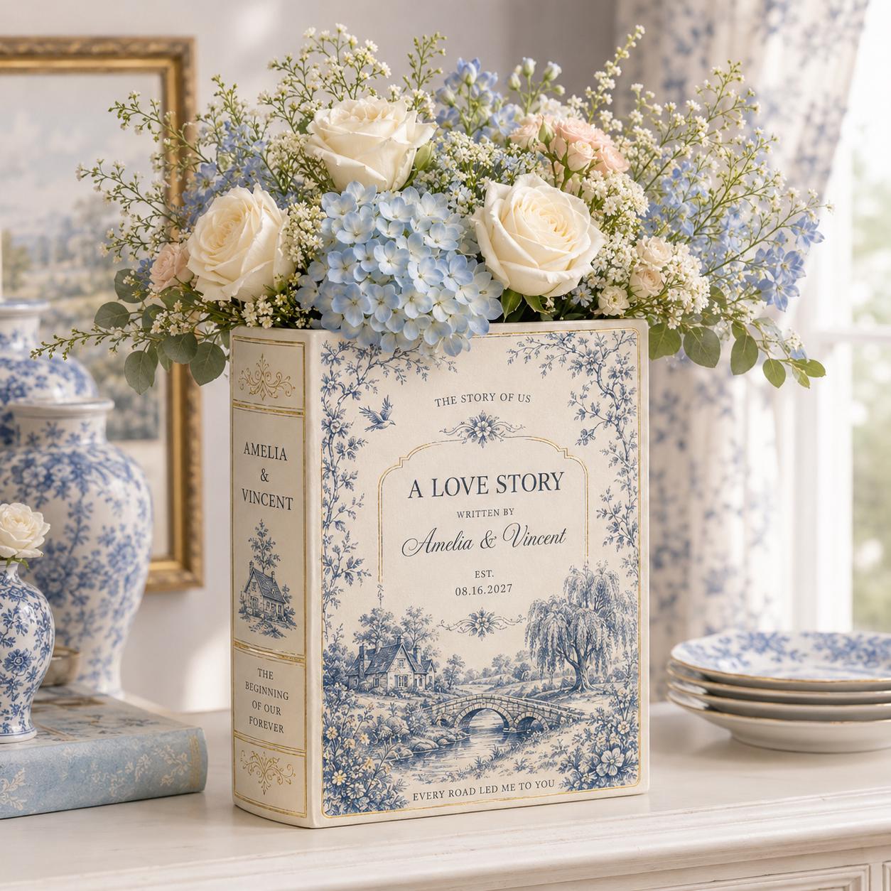 Personalized Toile De Jouy Ceramic Book Vase – Custom Wedding Gift and Romantic Book Flower Vase Engagement Gift for Couple