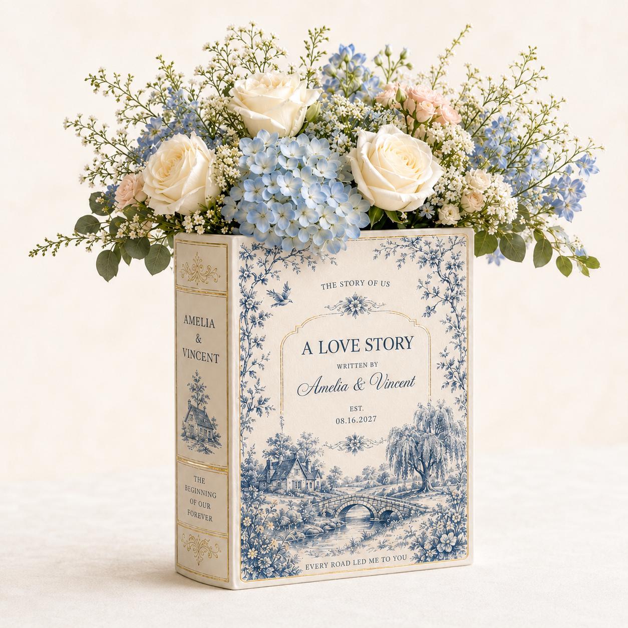 Personalized Toile De Jouy Ceramic Book Vase – Custom Wedding Gift and Romantic Book Flower Vase Engagement Gift for Couple - photo 2