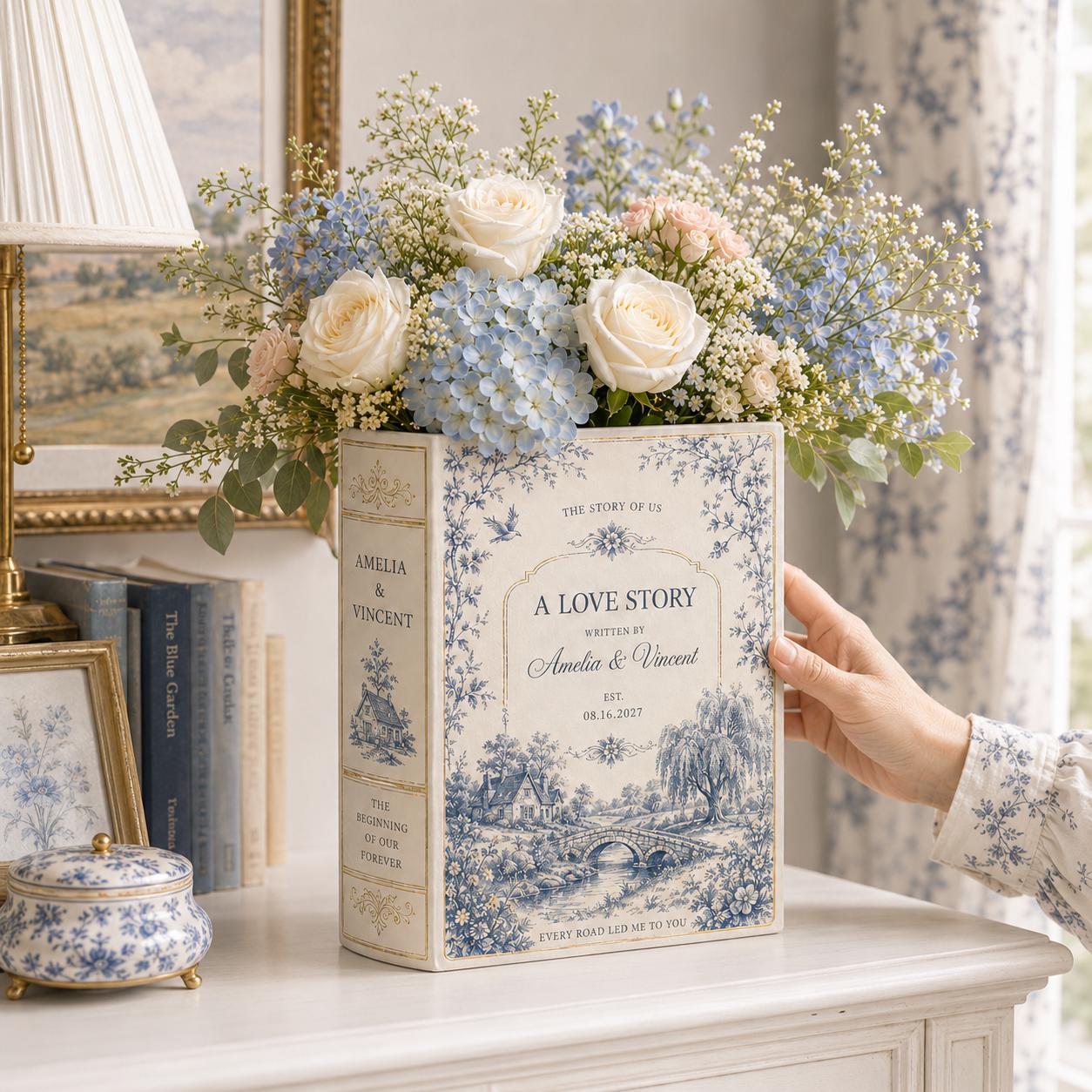 Personalized Toile De Jouy Ceramic Book Vase – Custom Wedding Gift and Romantic Book Flower Vase Engagement Gift for Couple - photo 3