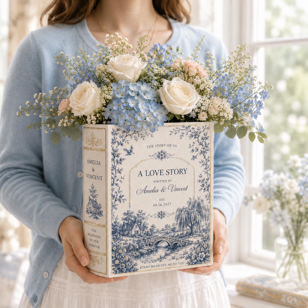 Personalized Toile De Jouy Ceramic Book Vase – Custom Wedding Gift and Romantic Book Flower Vase Engagement Gift for Couple - photo 6
