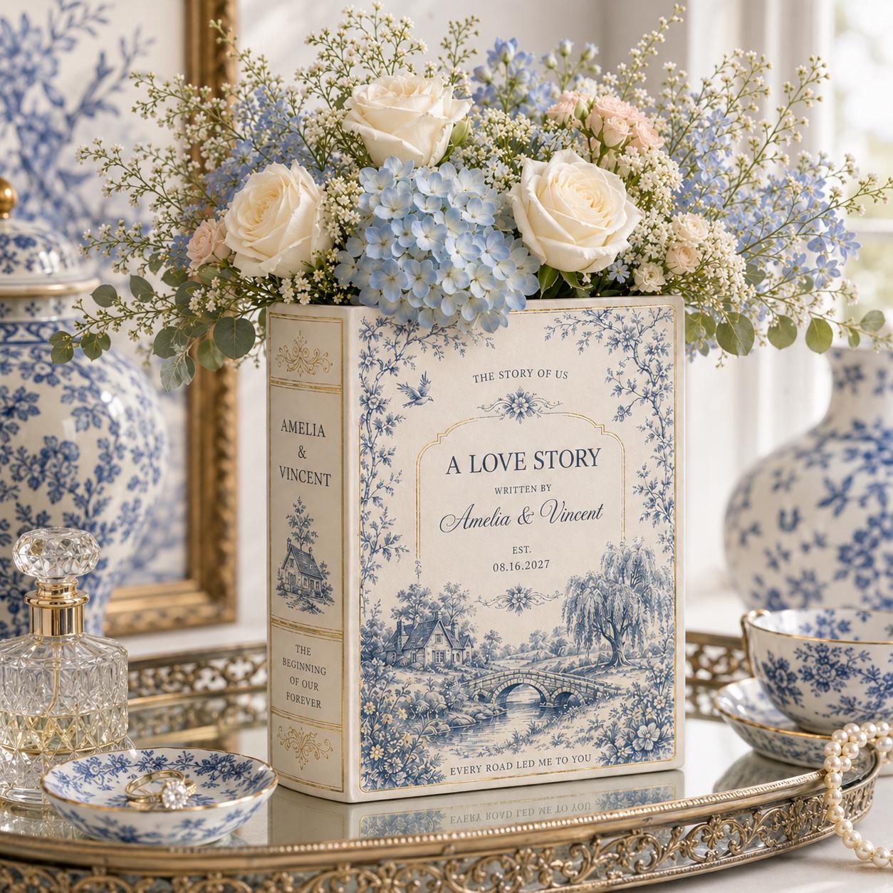 Personalized Toile De Jouy Ceramic Book Vase – Custom Wedding Gift and Romantic Book Flower Vase Engagement Gift for Couple - photo 7
