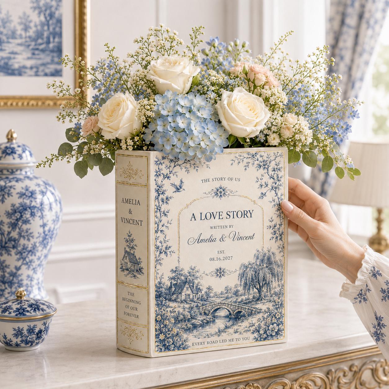 Personalized Toile De Jouy Ceramic Book Vase – Custom Wedding Gift and Romantic Book Flower Vase Engagement Gift for Couple - photo 8