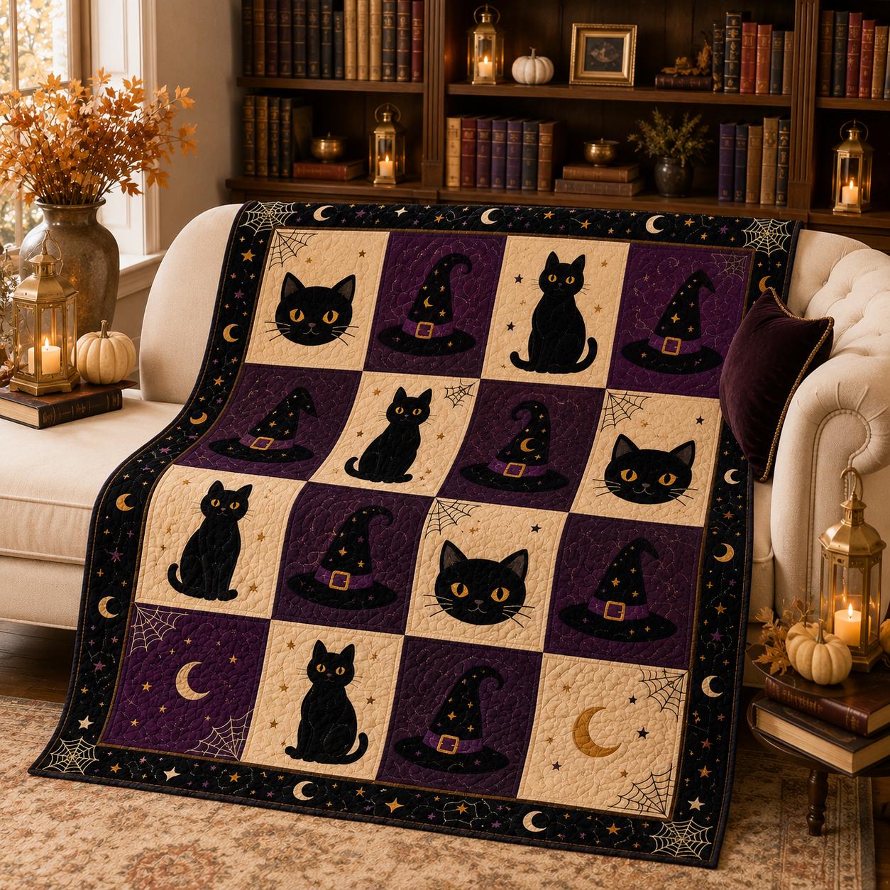 Blanket For Cozy Gothic Autumn Bedding With Vintage Spooky Patchwork Throw And Black Cat Witch Hat Quilted Style Halloween Decor Gift