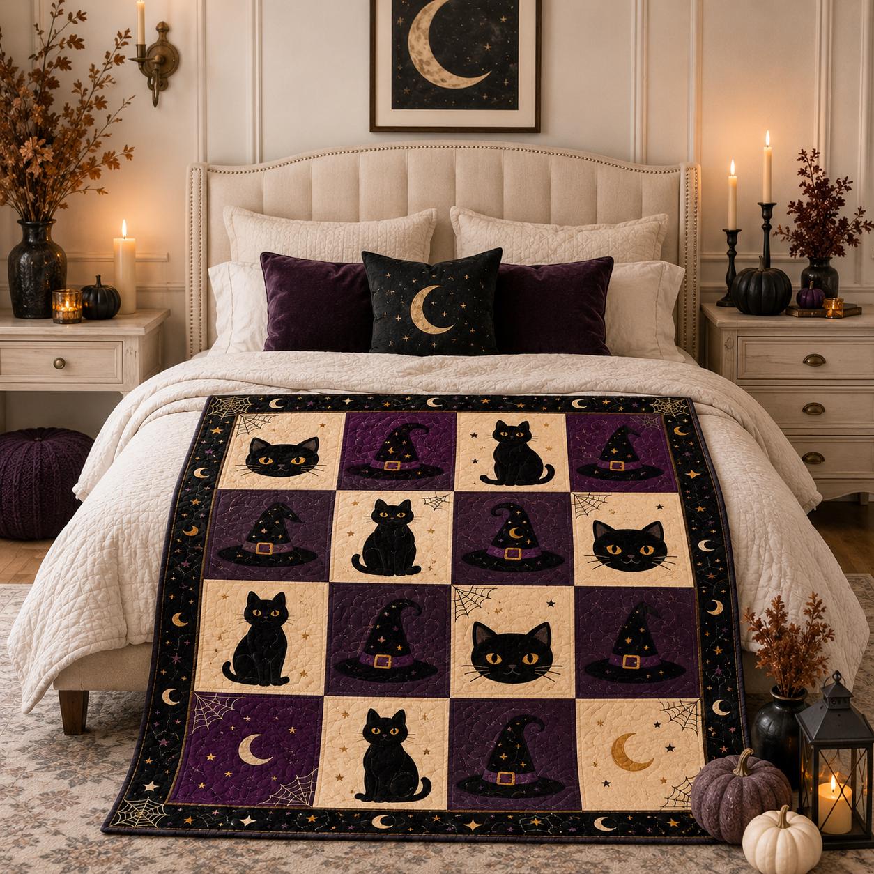 Blanket For Cozy Gothic Autumn Bedding With Vintage Spooky Patchwork Throw And Black Cat Witch Hat Quilted Style Halloween Decor Gift - photo 2