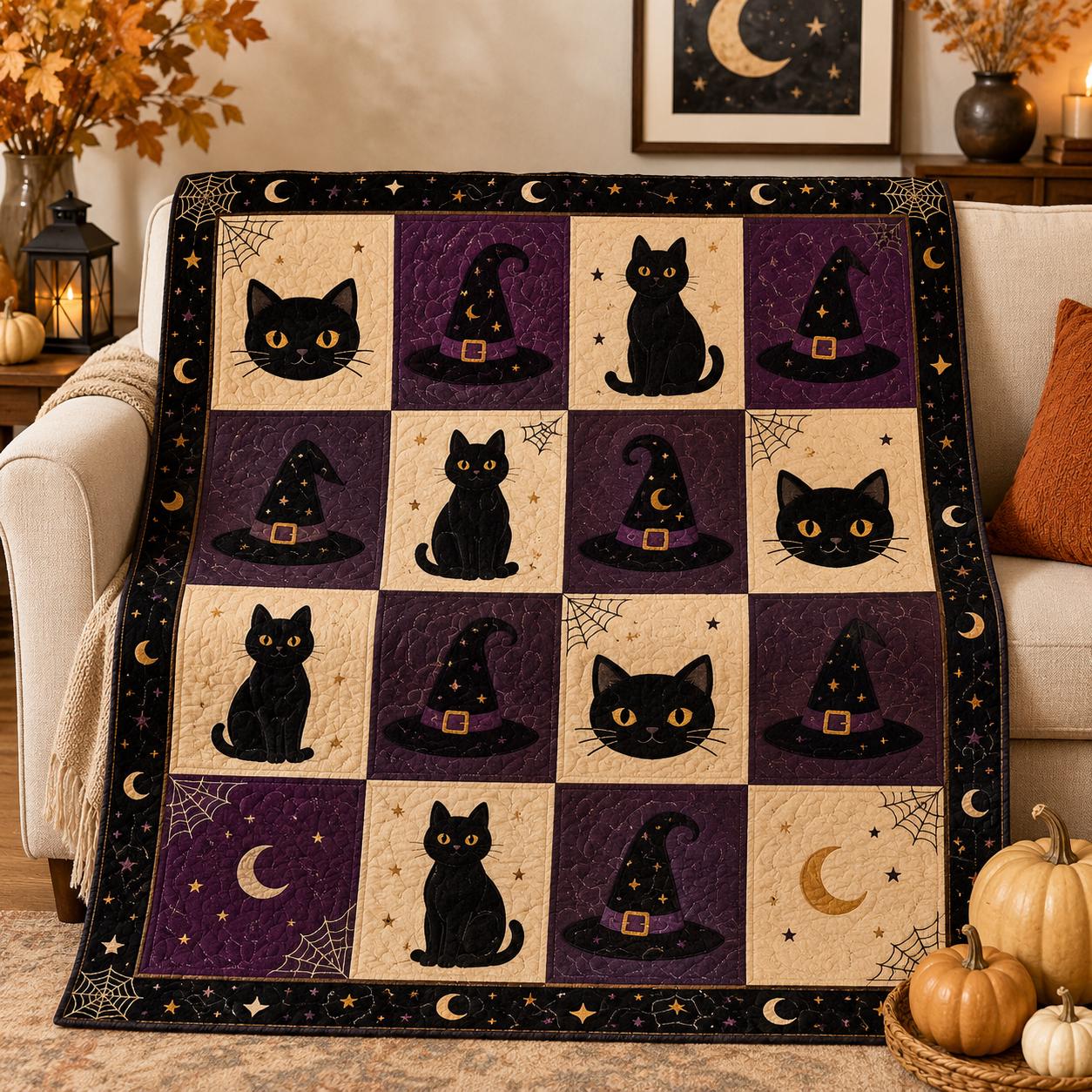 Blanket For Cozy Gothic Autumn Bedding With Vintage Spooky Patchwork Throw And Black Cat Witch Hat Quilted Style Halloween Decor Gift - photo 3