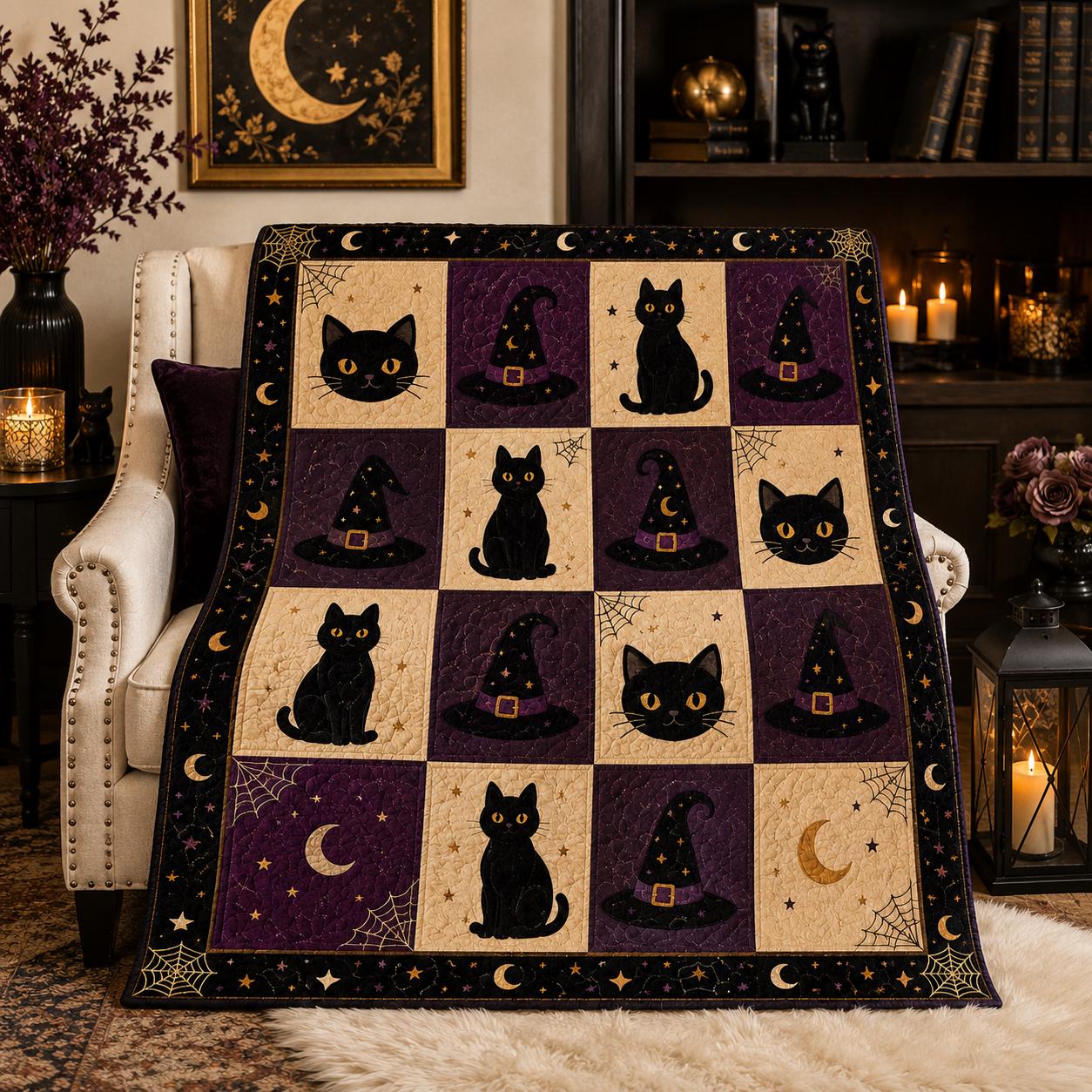 Blanket For Cozy Gothic Autumn Bedding With Vintage Spooky Patchwork Throw And Black Cat Witch Hat Quilted Style Halloween Decor Gift - photo 4