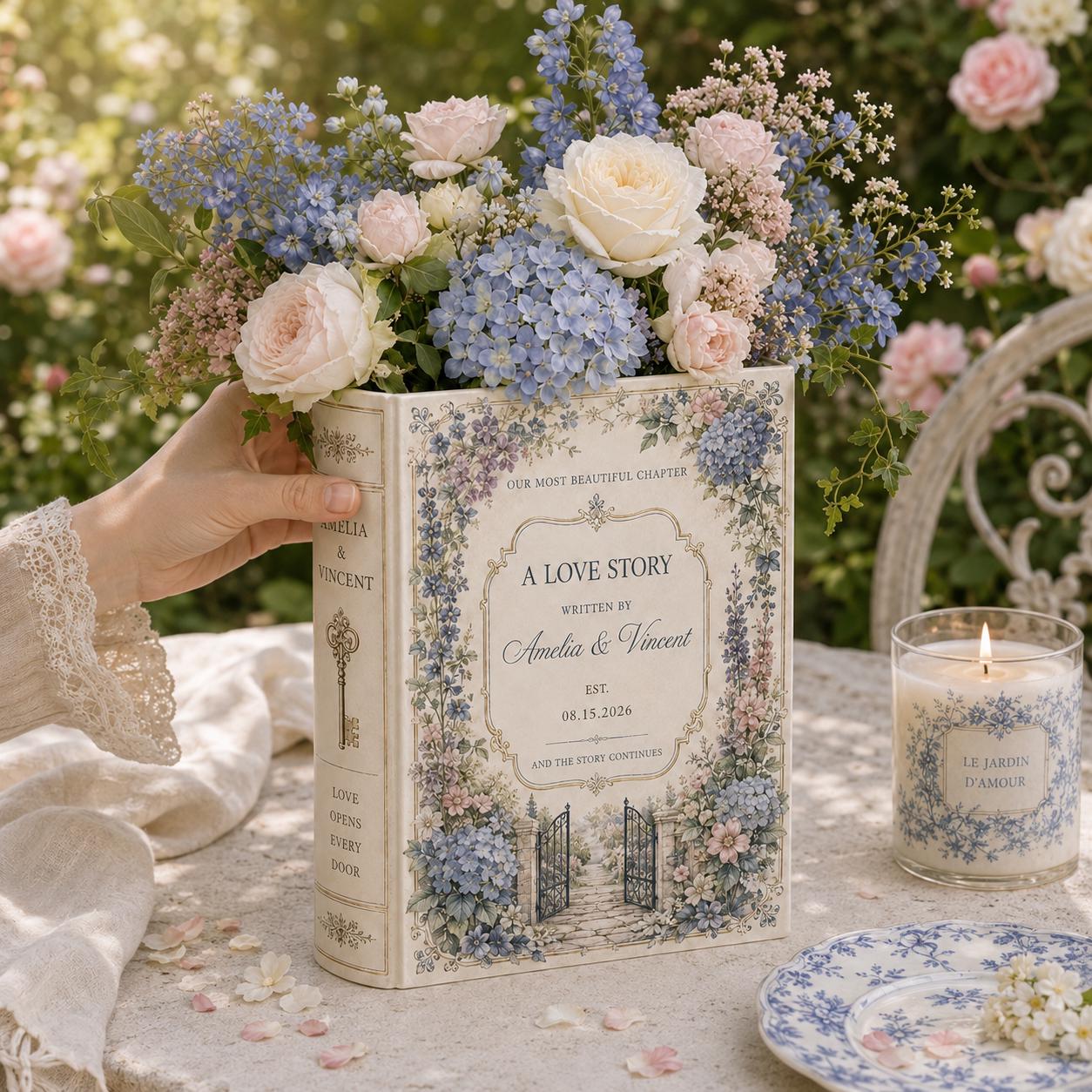 Custom Toile De Jouy Ceramic Book Vase – Personalized Wedding Gift for Couple and Romantic Floral Book Decor Bridal Shower Keepsake