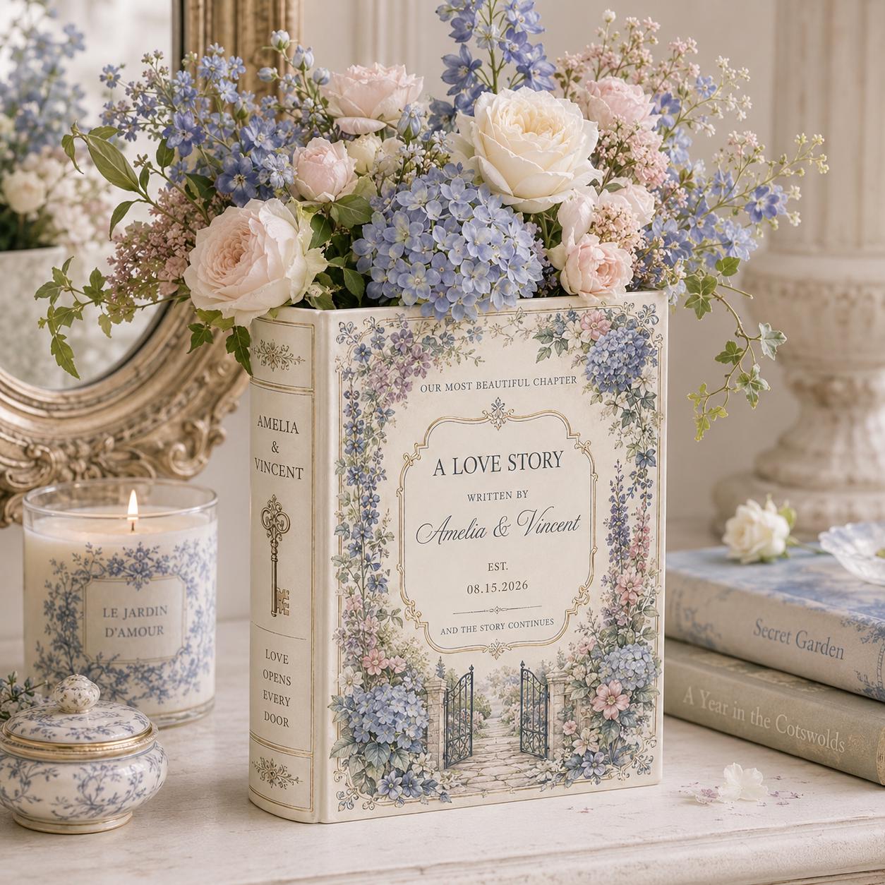 Custom Toile De Jouy Ceramic Book Vase – Personalized Wedding Gift for Couple and Romantic Floral Book Decor Bridal Shower Keepsake - photo 2