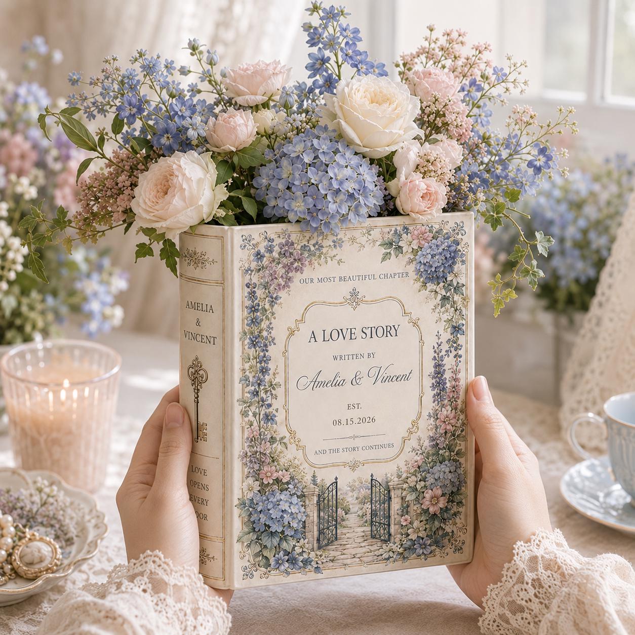 Custom Toile De Jouy Ceramic Book Vase – Personalized Wedding Gift for Couple and Romantic Floral Book Decor Bridal Shower Keepsake - photo 3