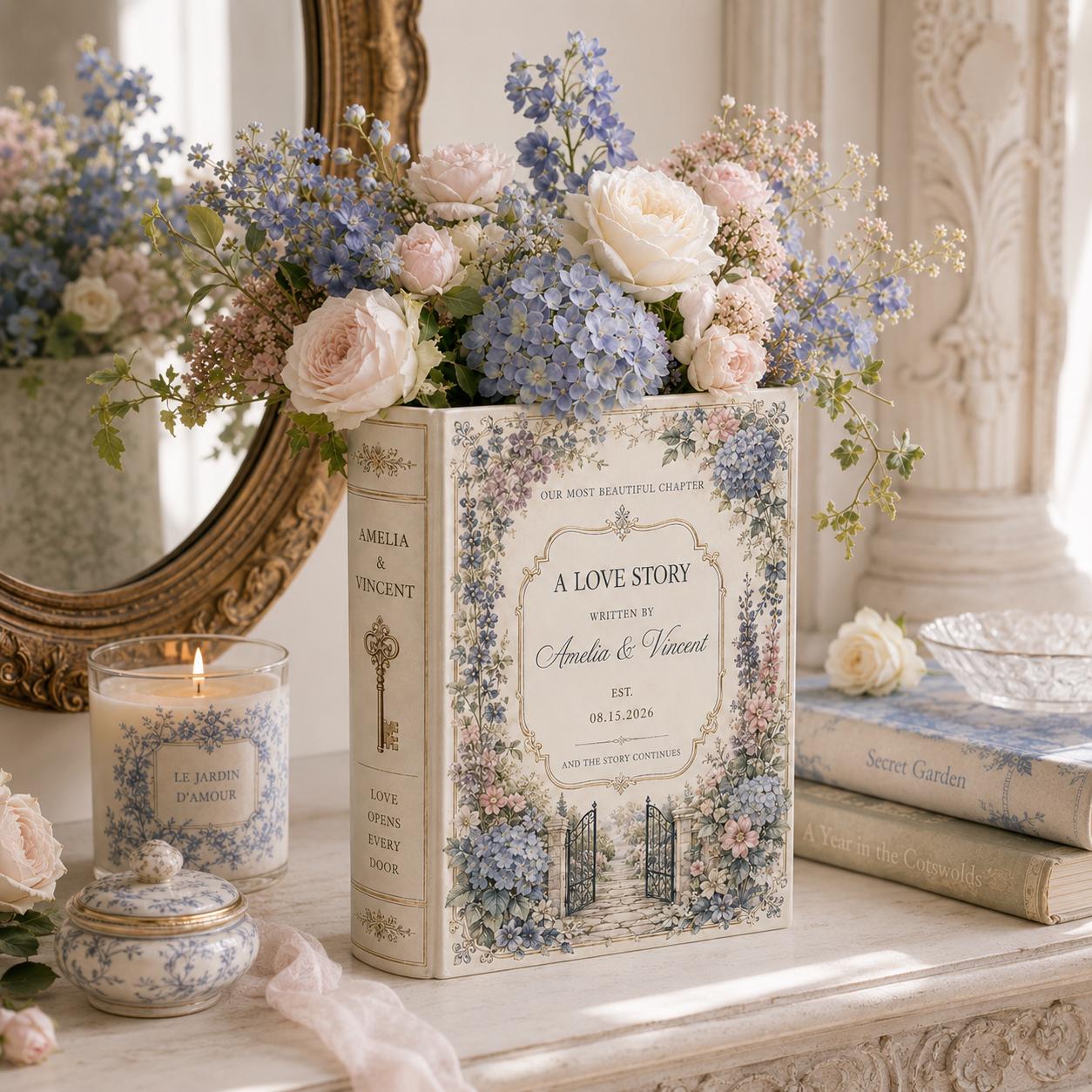 Custom Toile De Jouy Ceramic Book Vase – Personalized Wedding Gift for Couple and Romantic Floral Book Decor Bridal Shower Keepsake - photo 6