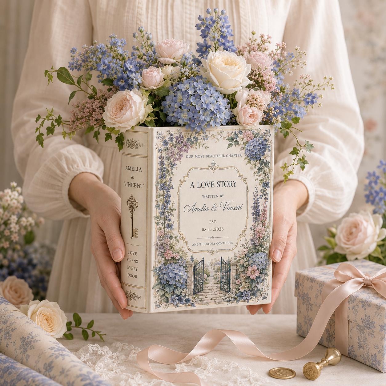 Custom Toile De Jouy Ceramic Book Vase – Personalized Wedding Gift for Couple and Romantic Floral Book Decor Bridal Shower Keepsake - photo 7