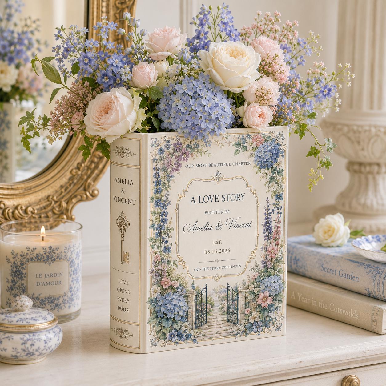 Custom Toile De Jouy Ceramic Book Vase – Personalized Wedding Gift for Couple and Romantic Floral Book Decor Bridal Shower Keepsake - photo 8