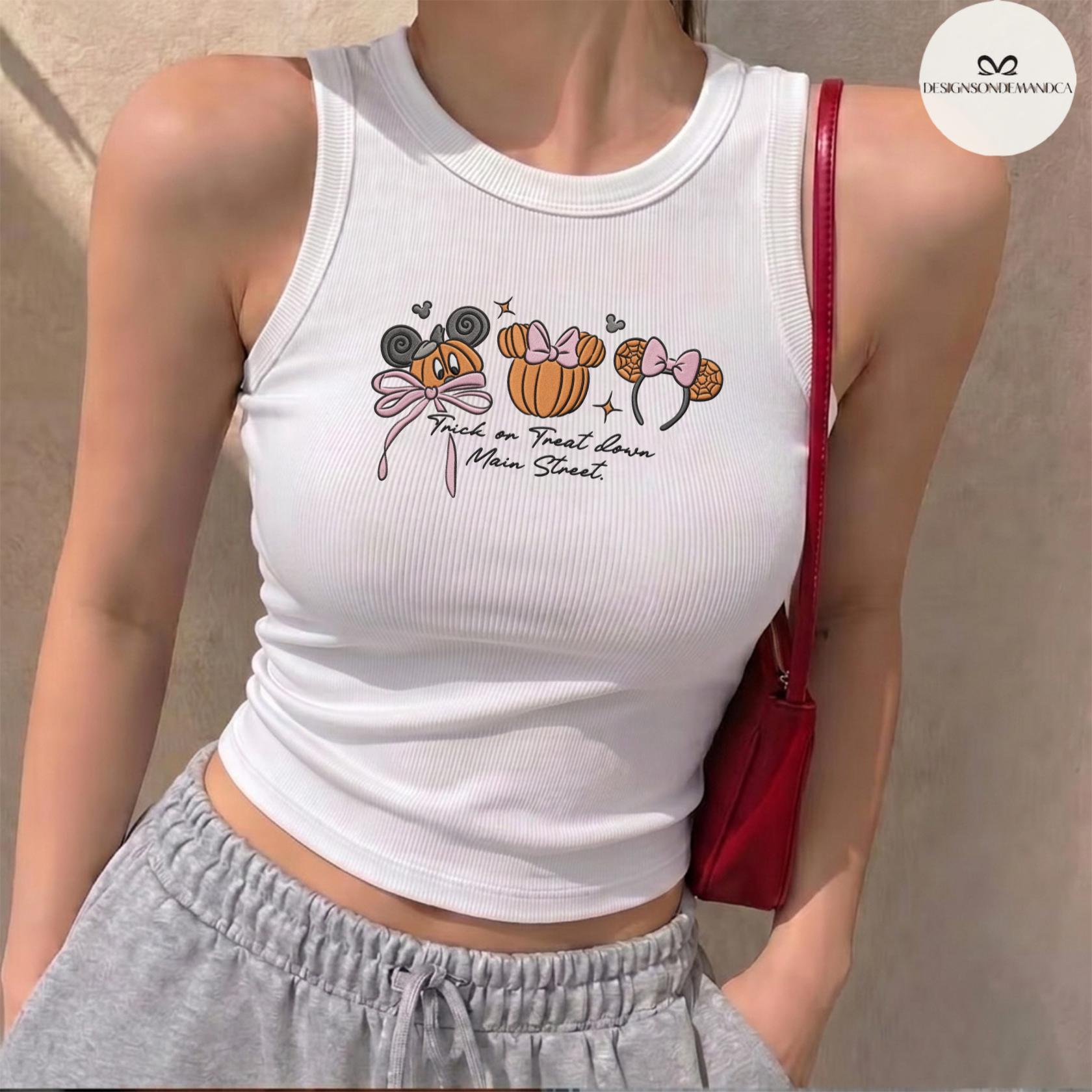 Embroidered Coquette Bow Mickey Minnie Pumpkin Disney Halloween Lace Trim Tank Top Baby Tee for Trick or Treat Down Main Street