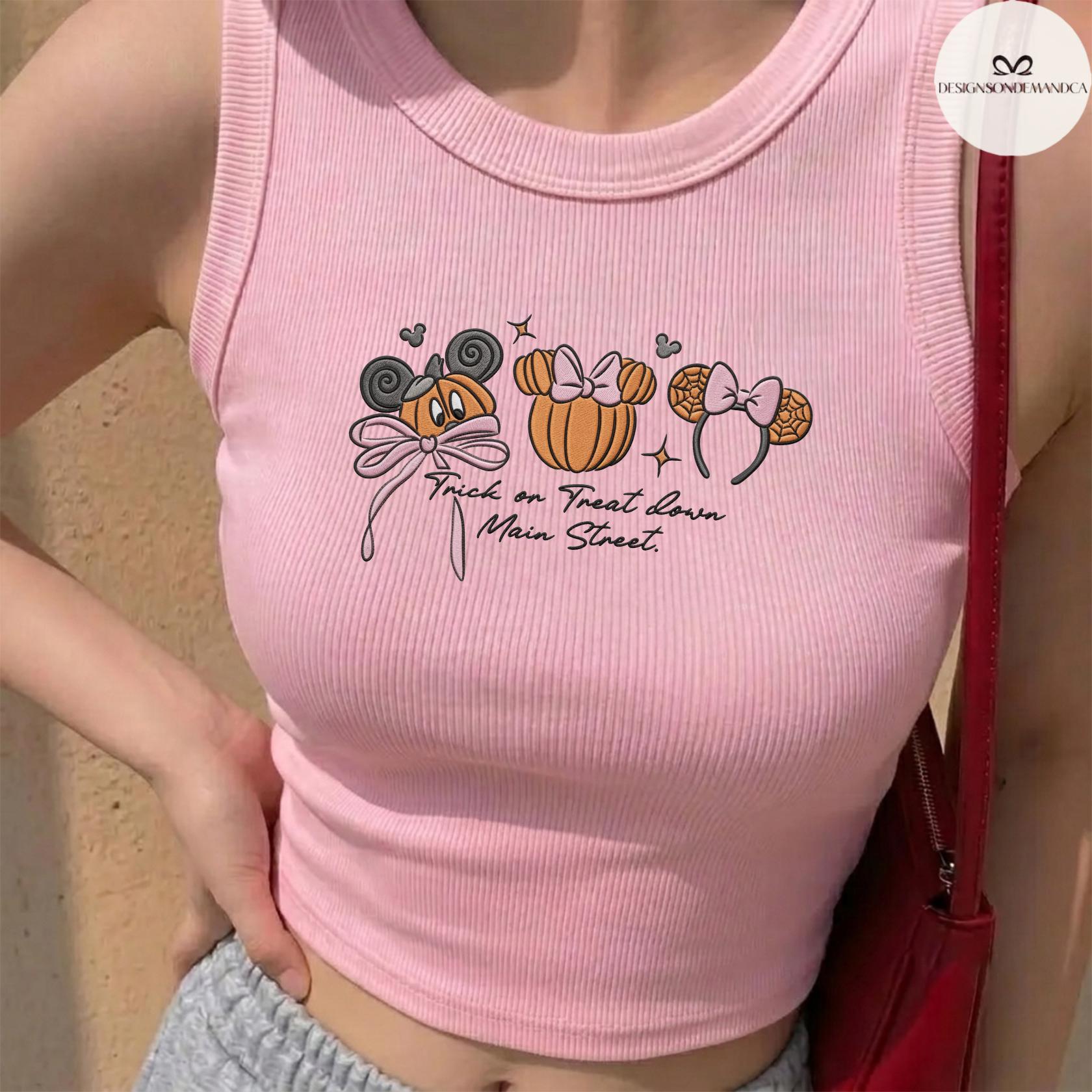 Embroidered Coquette Bow Mickey Minnie Pumpkin Disney Halloween Lace Trim Tank Top Baby Tee for Trick or Treat Down Main Street - photo 2