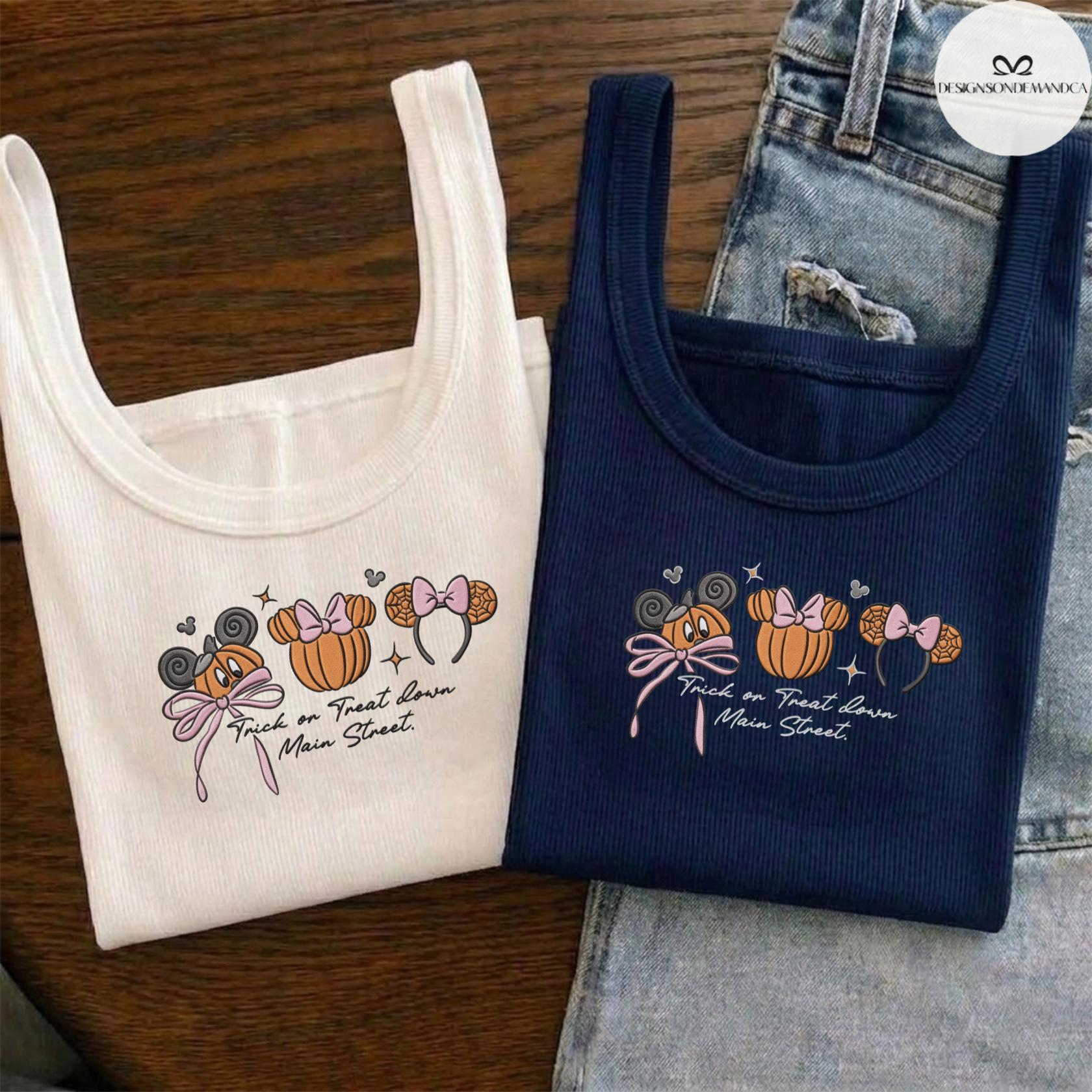 Embroidered Coquette Bow Mickey Minnie Pumpkin Disney Halloween Lace Trim Tank Top Baby Tee for Trick or Treat Down Main Street - photo 3