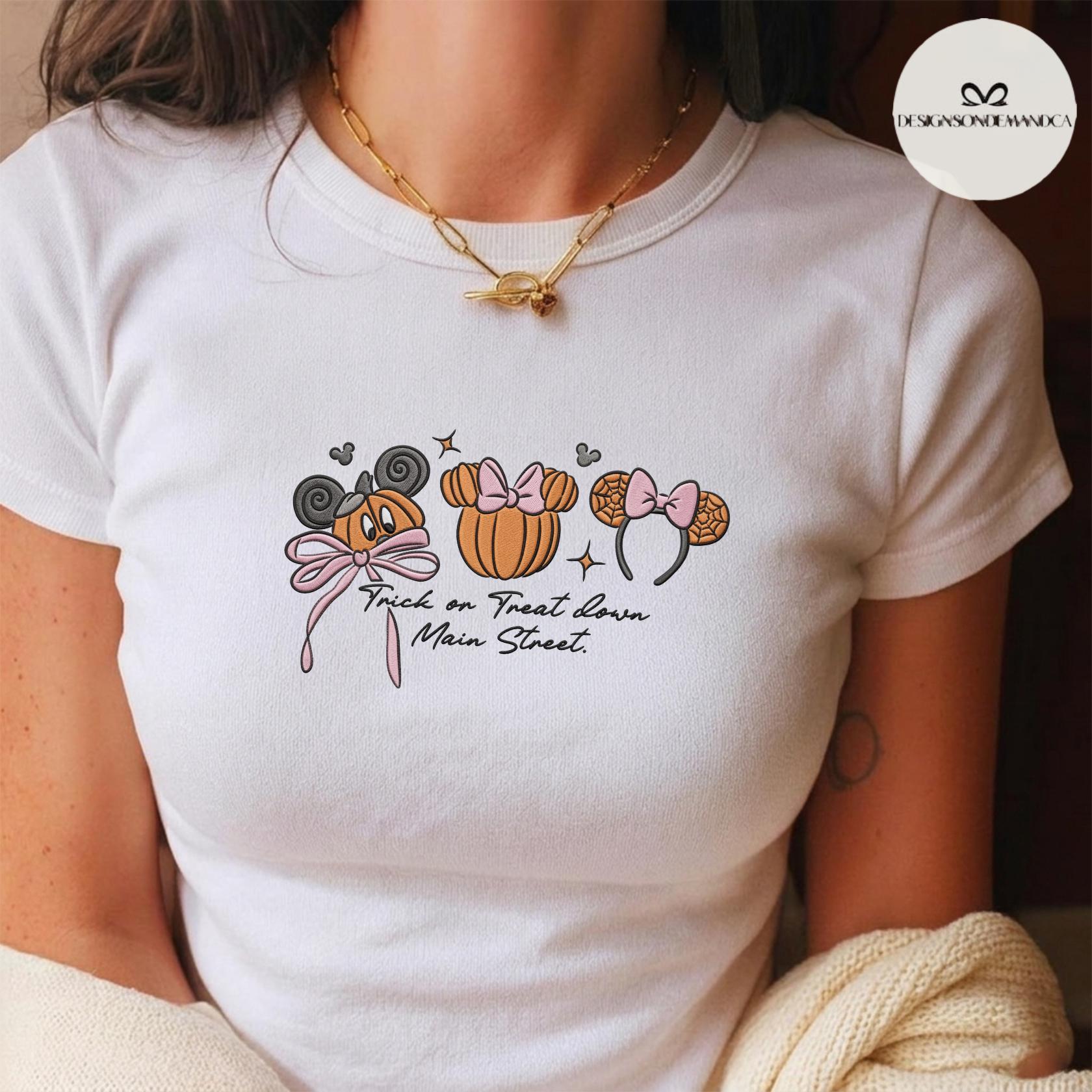 Embroidered Coquette Bow Mickey Minnie Pumpkin Disney Halloween Lace Trim Tank Top Baby Tee for Trick or Treat Down Main Street - photo 4