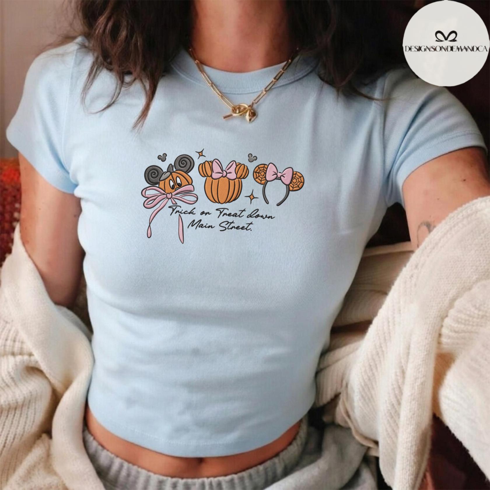 Embroidered Coquette Bow Mickey Minnie Pumpkin Disney Halloween Lace Trim Tank Top Baby Tee for Trick or Treat Down Main Street - photo 5