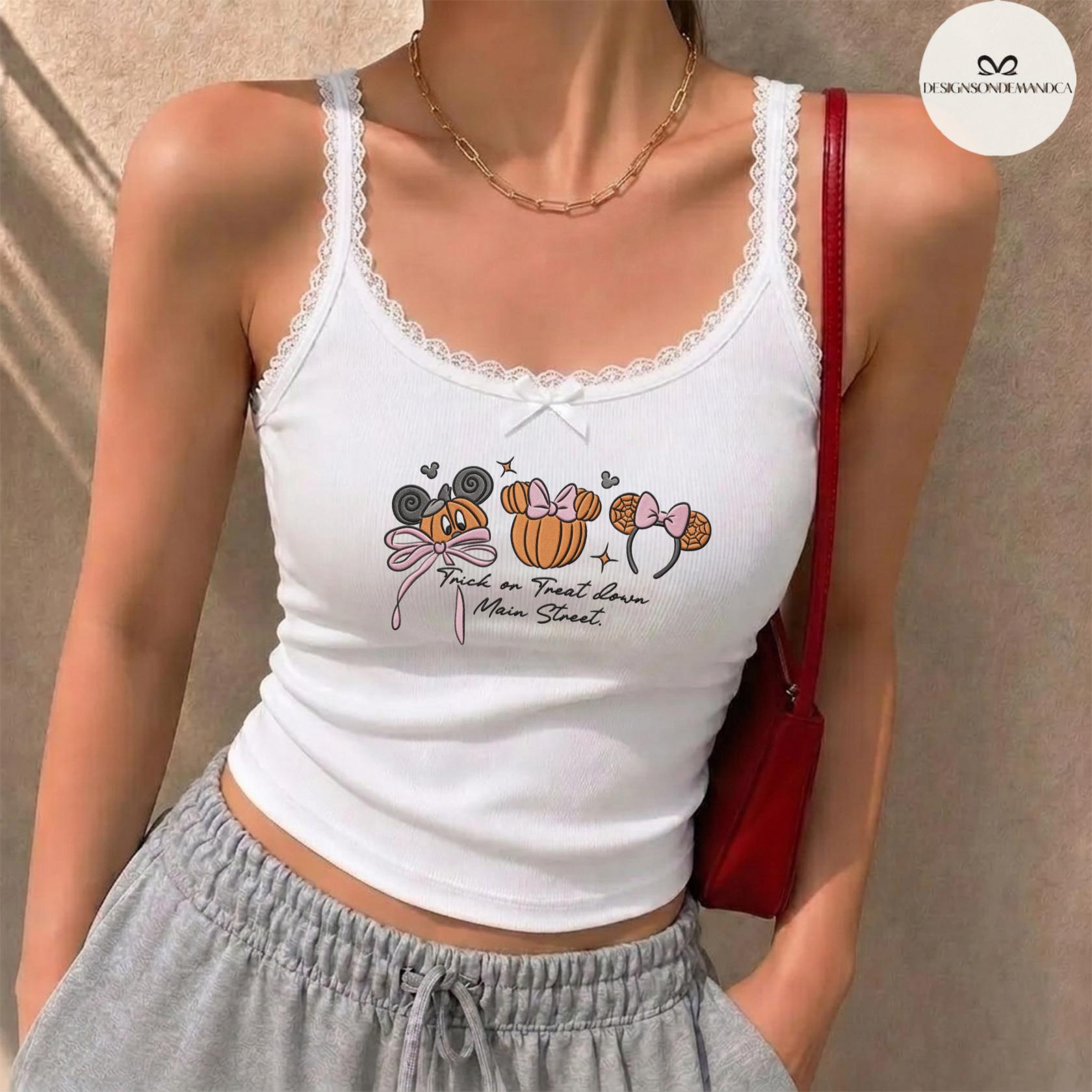 Embroidered Coquette Bow Mickey Minnie Pumpkin Disney Halloween Lace Trim Tank Top Baby Tee for Trick or Treat Down Main Street - photo 6