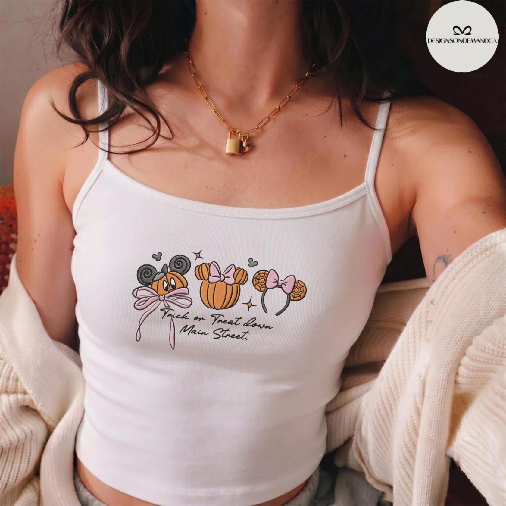 Embroidered Coquette Bow Mickey Minnie Pumpkin Disney Halloween Lace Trim Tank Top Baby Tee for Trick or Treat Down Main Street - photo 7