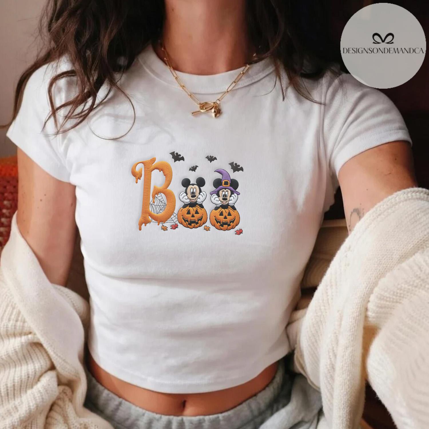 Embroidered Mickey Minnie Pumpkin Boo Disney Halloween Shirt With Lace Trim Tank Top Baby Tee for WDW Disneyland Trip