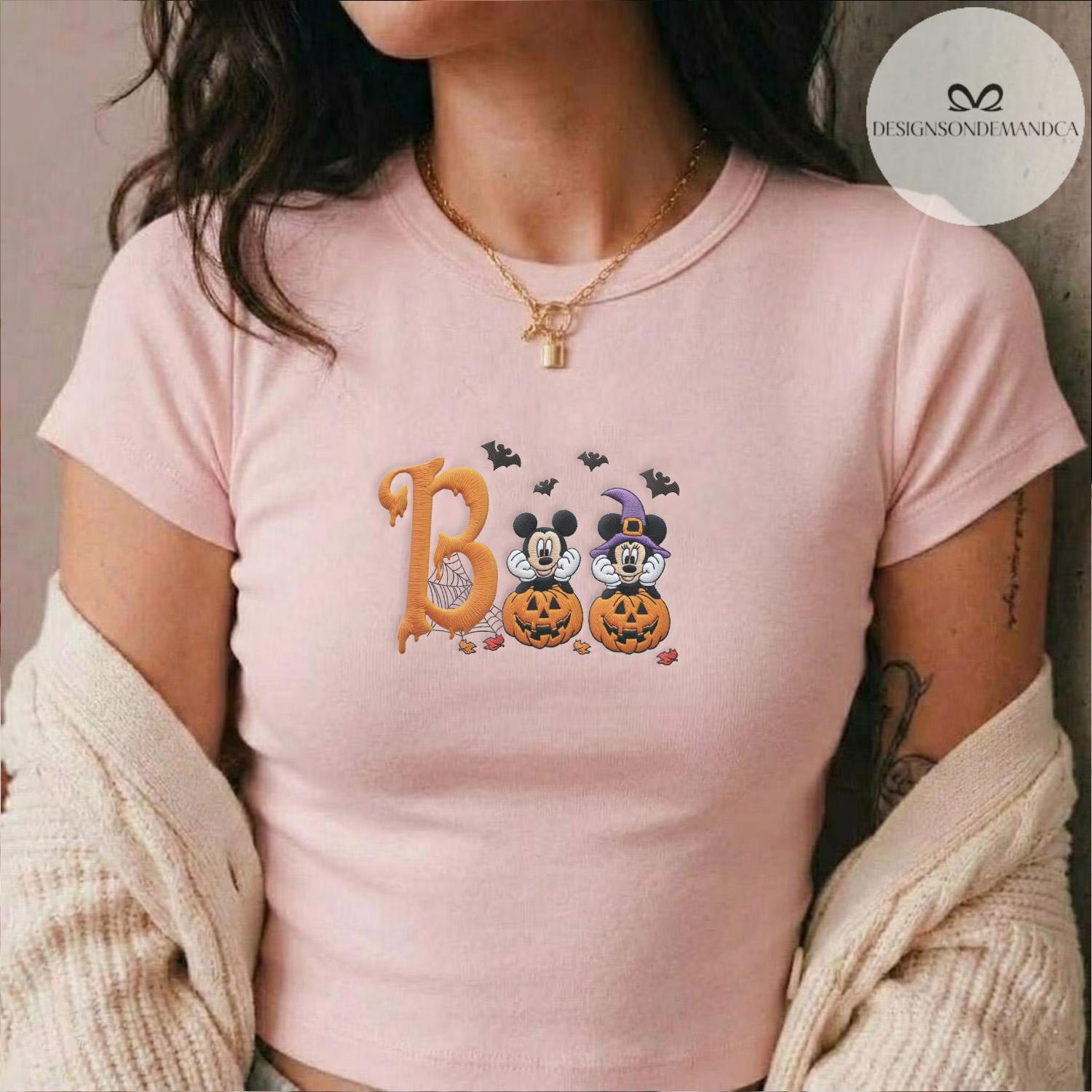 Embroidered Mickey Minnie Pumpkin Boo Disney Halloween Shirt With Lace Trim Tank Top Baby Tee for WDW Disneyland Trip - photo 3
