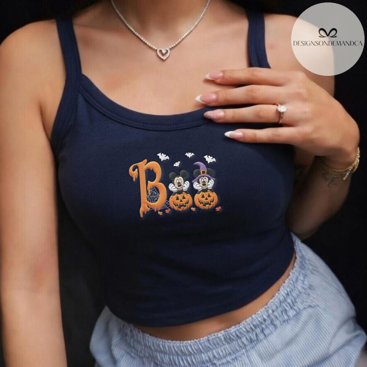 Embroidered Mickey Minnie Pumpkin Boo Disney Halloween Shirt With Lace Trim Tank Top Baby Tee for WDW Disneyland Trip - photo 4